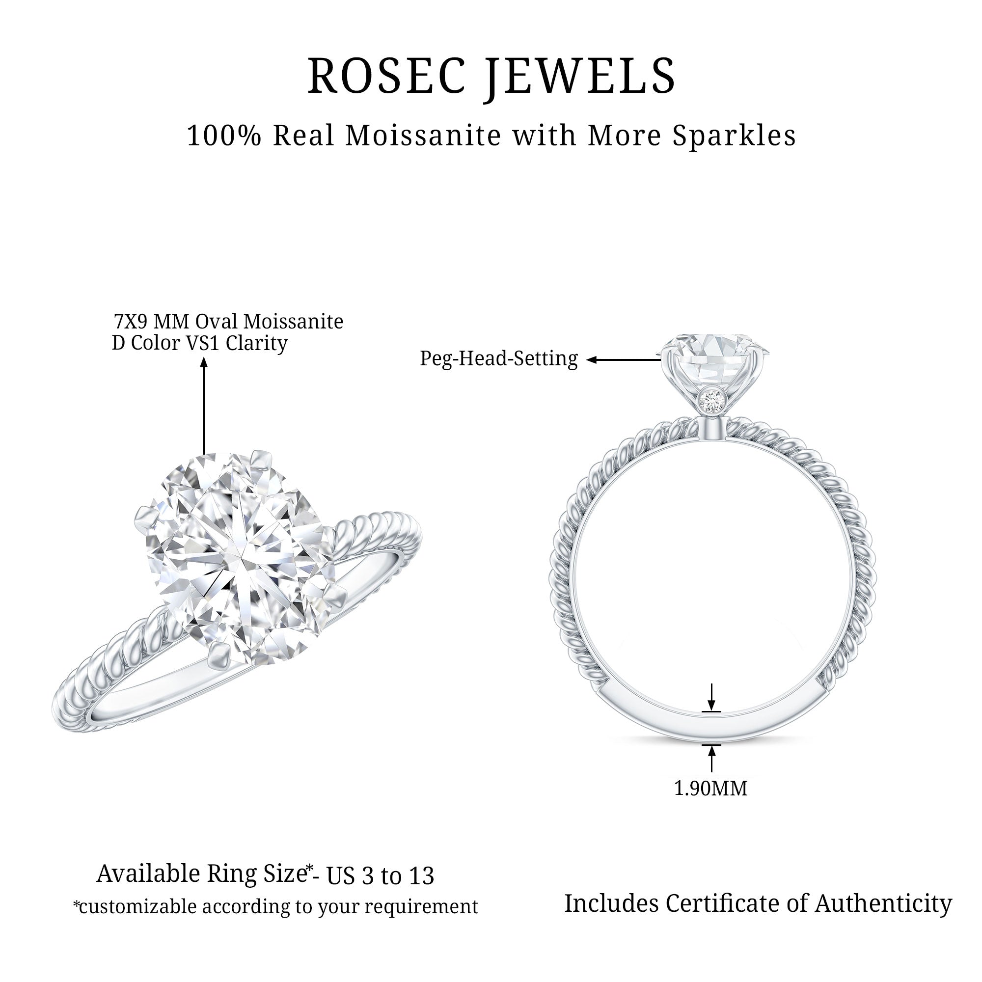 Oval Shape Moissanite Solitaire Engagement Ring with Twisted Rope D-VS1 - Rosec Jewels
