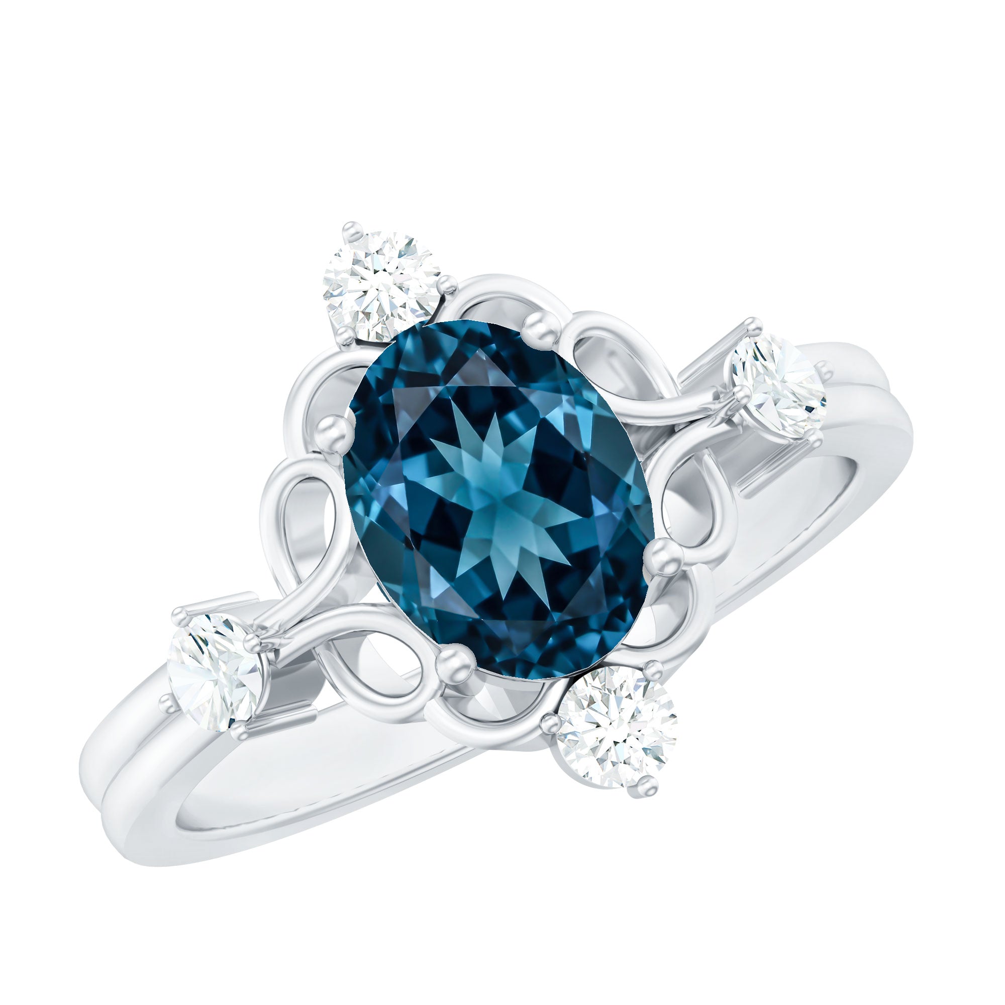 Art Deco Inspired Blue Topaz Oval Engagement Ring with Diamond AAA - Rosec Jewels