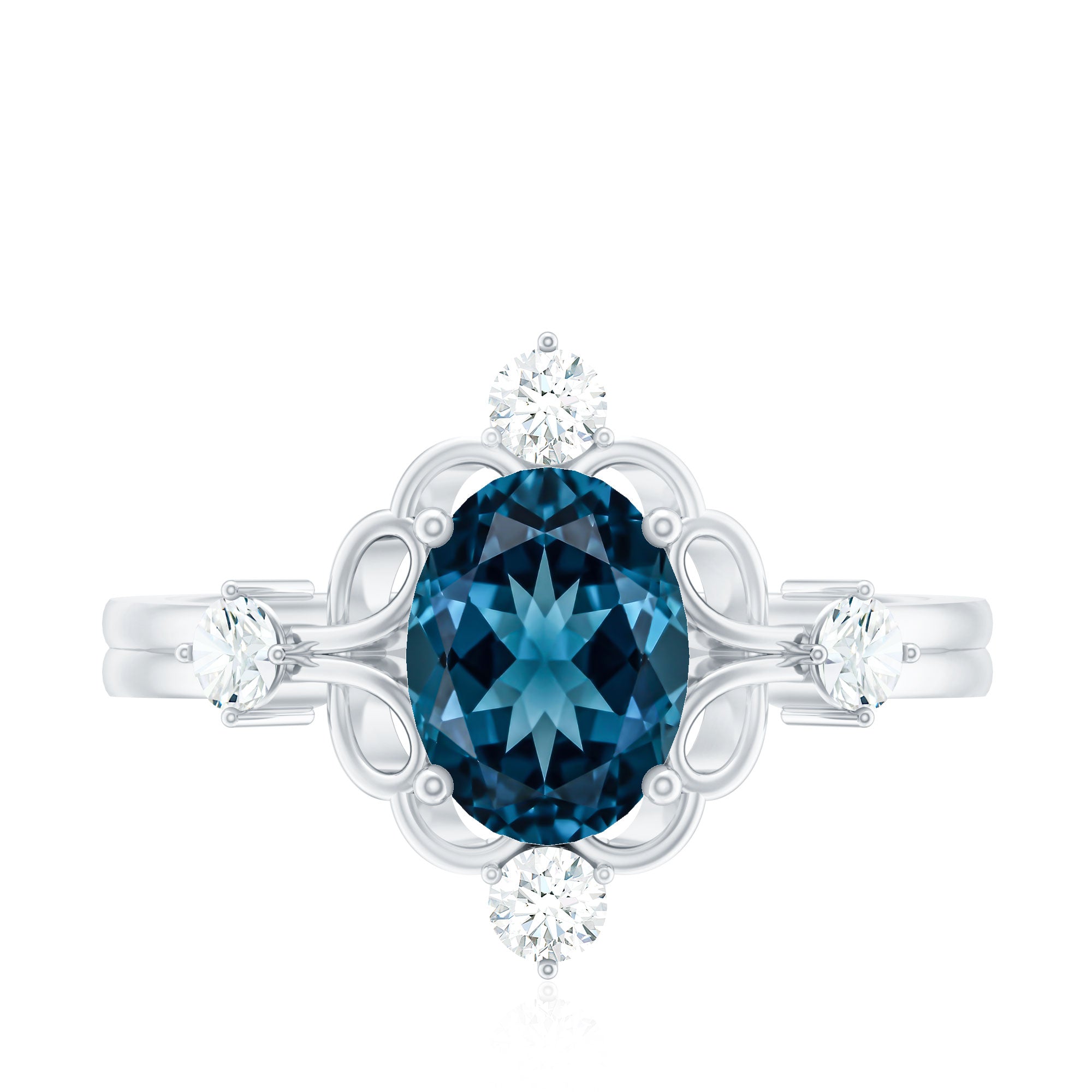 Art Deco Inspired Blue Topaz Oval Engagement Ring with Diamond AAA - Rosec Jewels