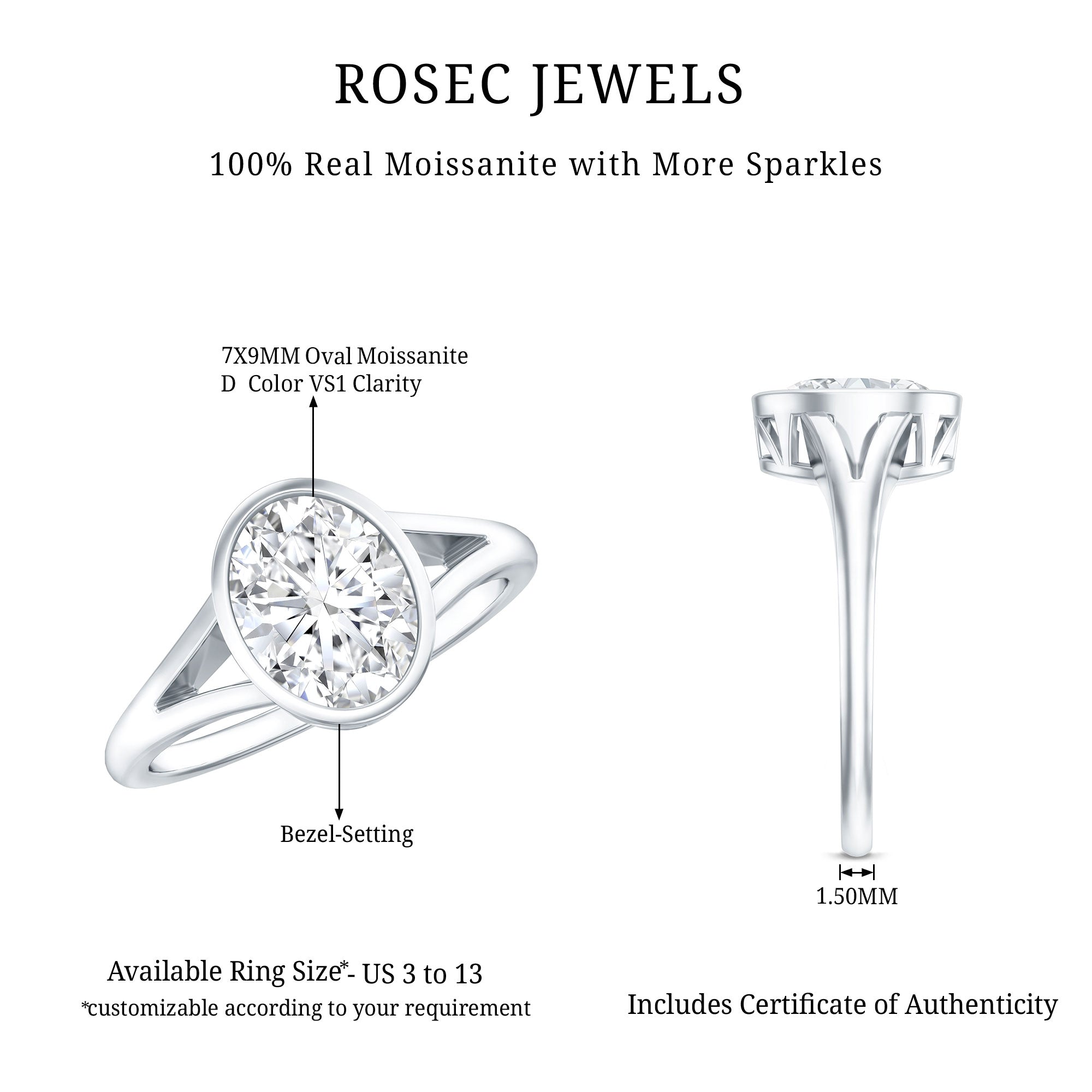 Certified 7X9 MM Oval Moissanite Solitaire Engagement Ring D-VS1 - Rosec Jewels