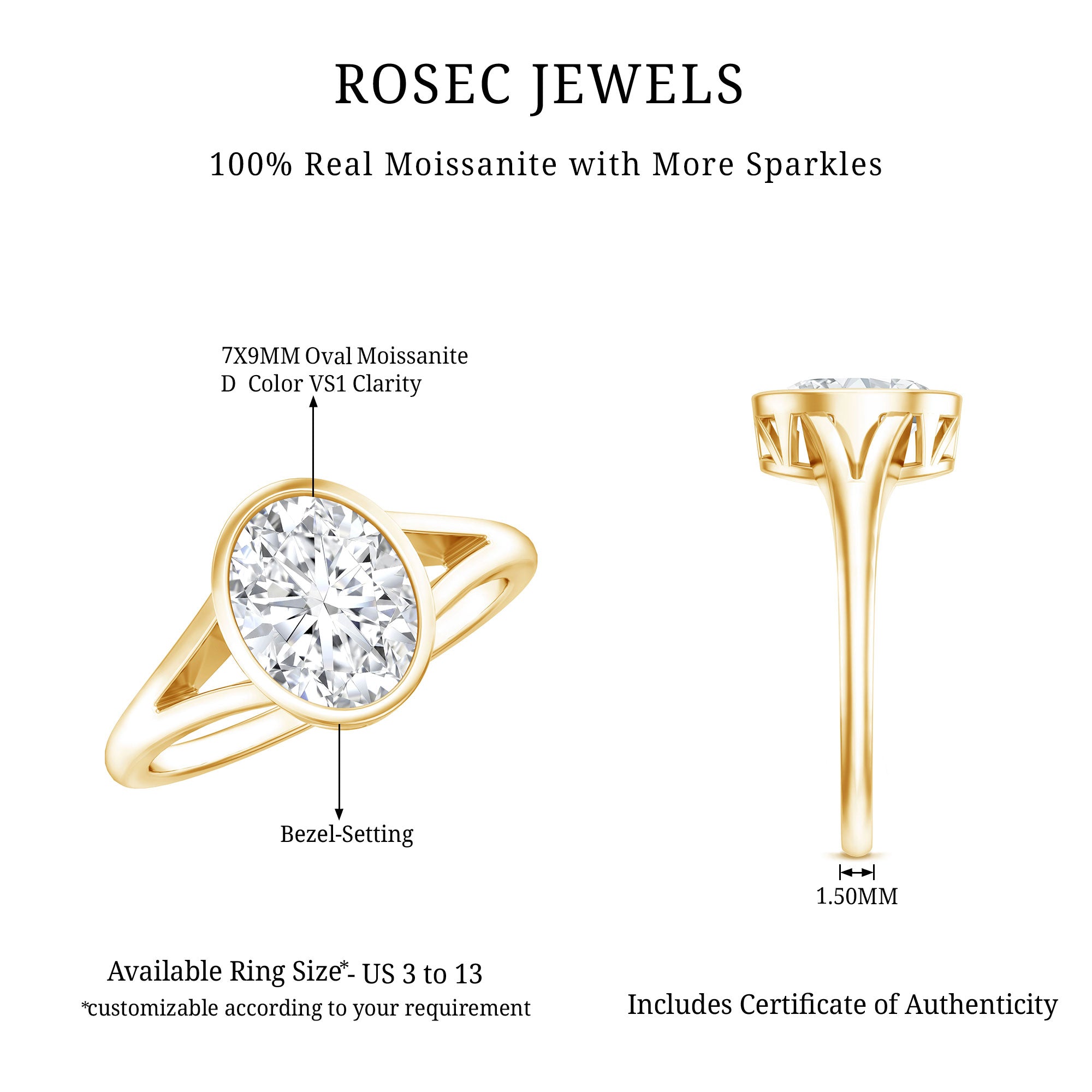 Certified 7X9 MM Oval Moissanite Solitaire Engagement Ring D-VS1 - Rosec Jewels