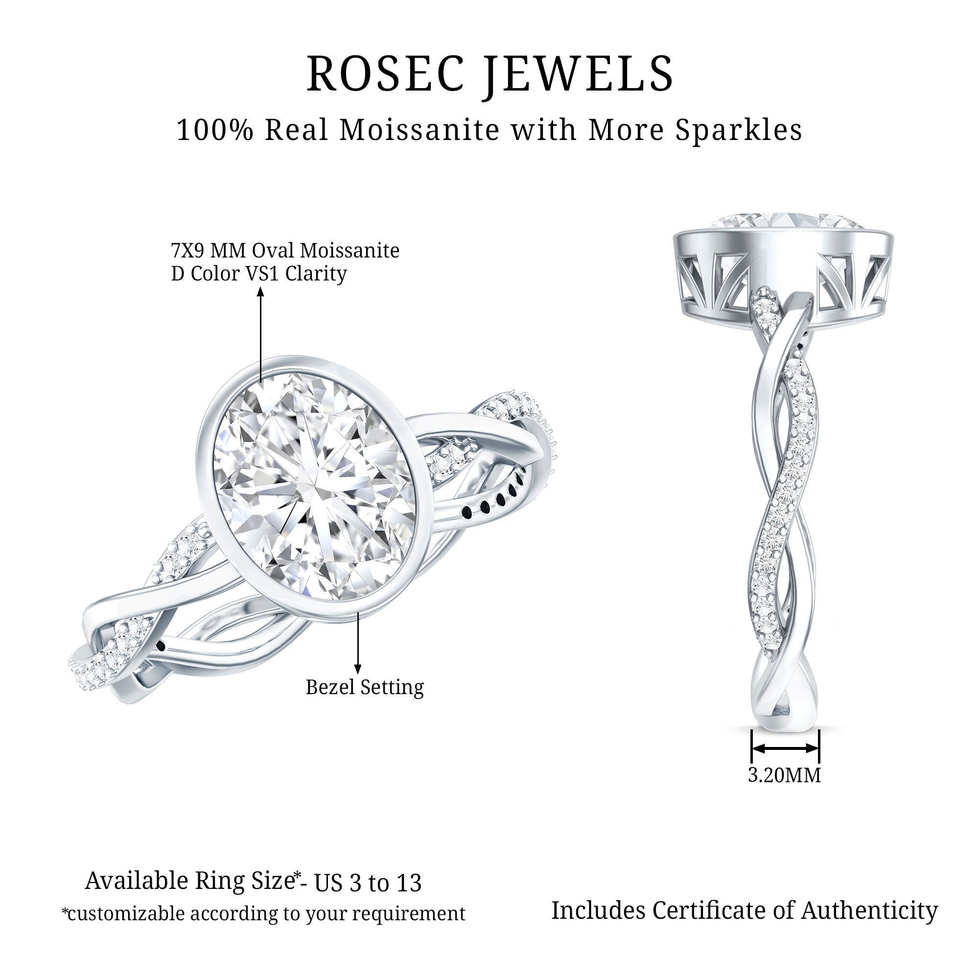 Brilliant Cut Moissanite Bezel Set Engagement Ring in Braided Shank D-VS1 - Rosec Jewels