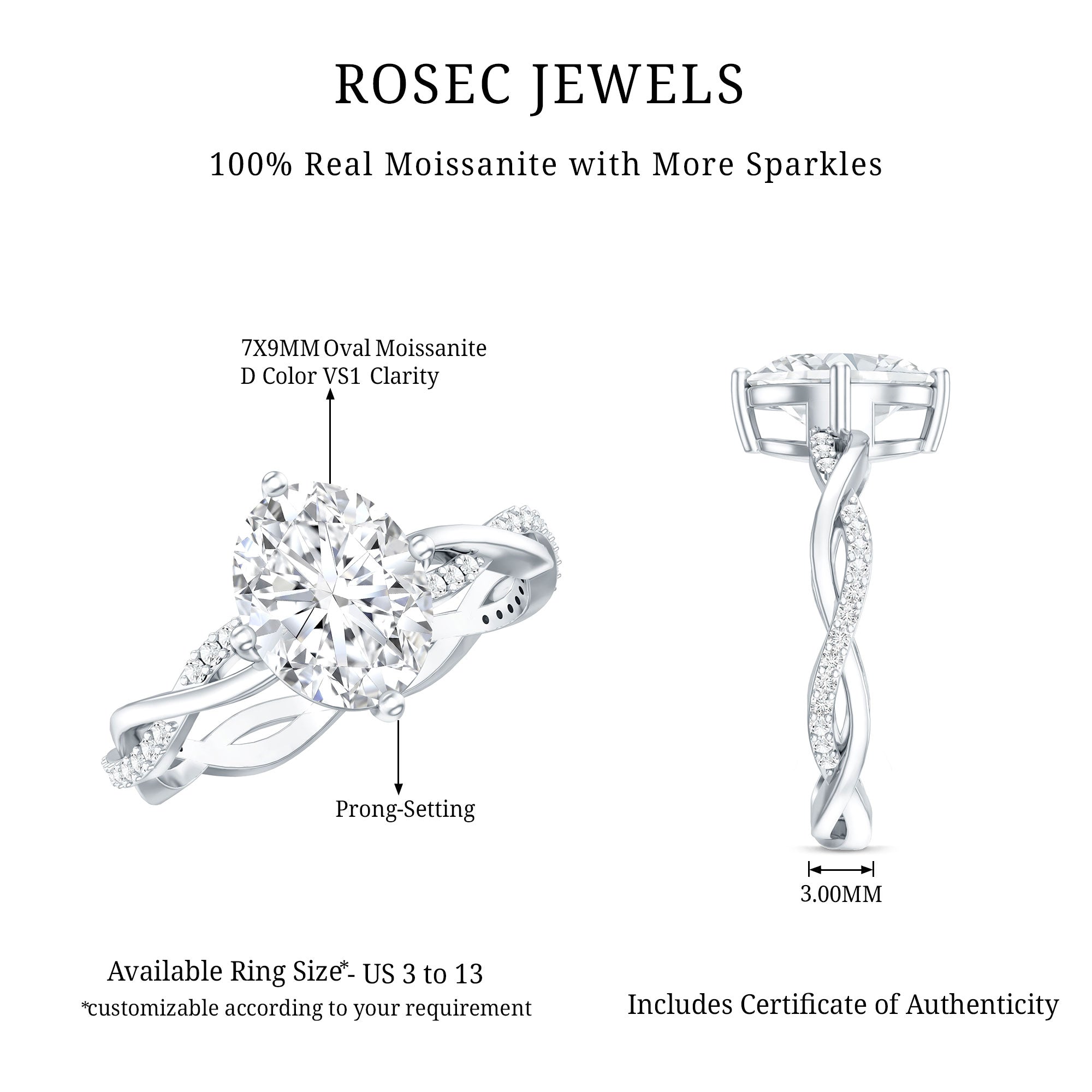 Moissanite Oval Engagement Ring With Diagonal Prong Setting D-VS1 - Rosec Jewels