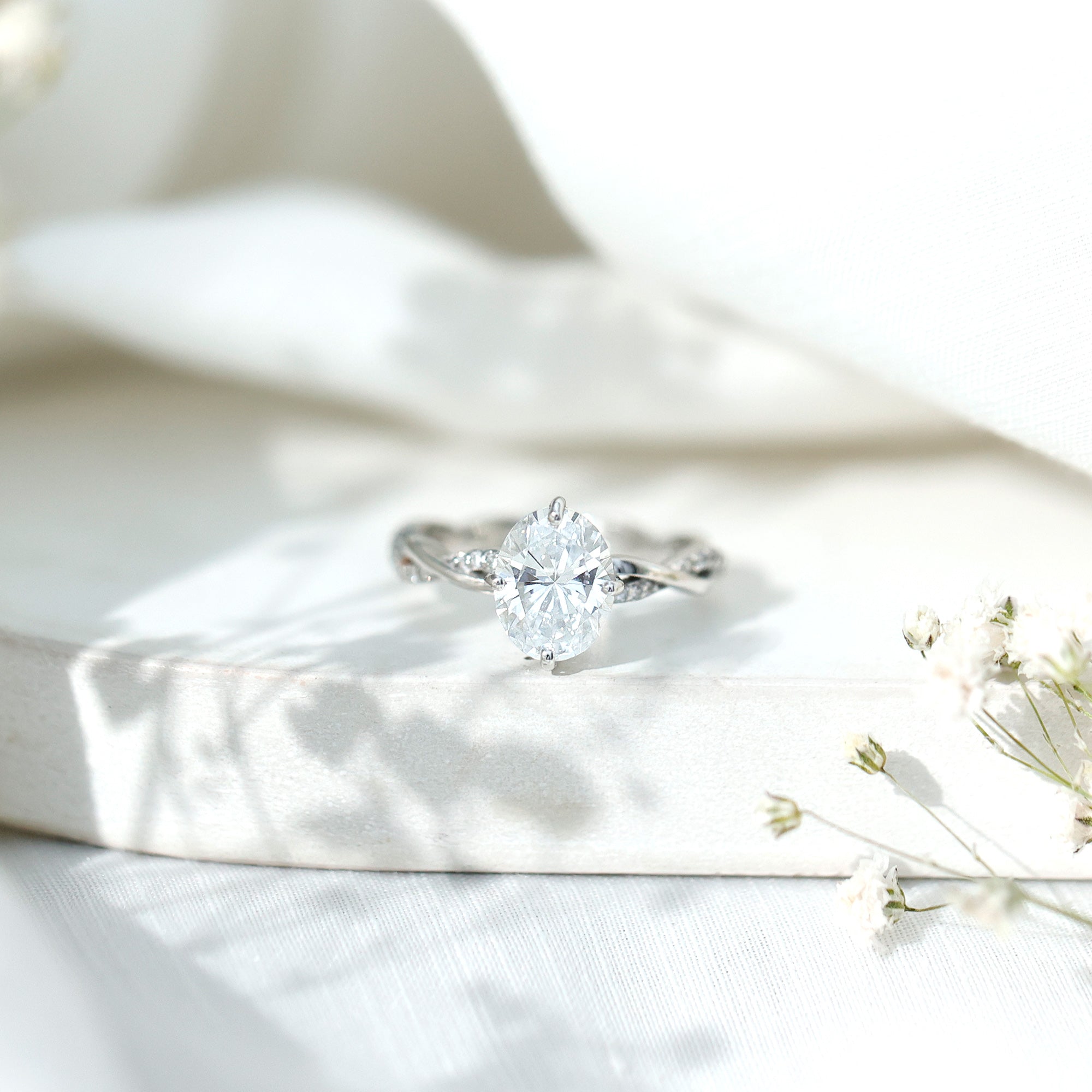 Moissanite Oval Engagement Ring With Diagonal Prong Setting D-VS1 - Rosec Jewels