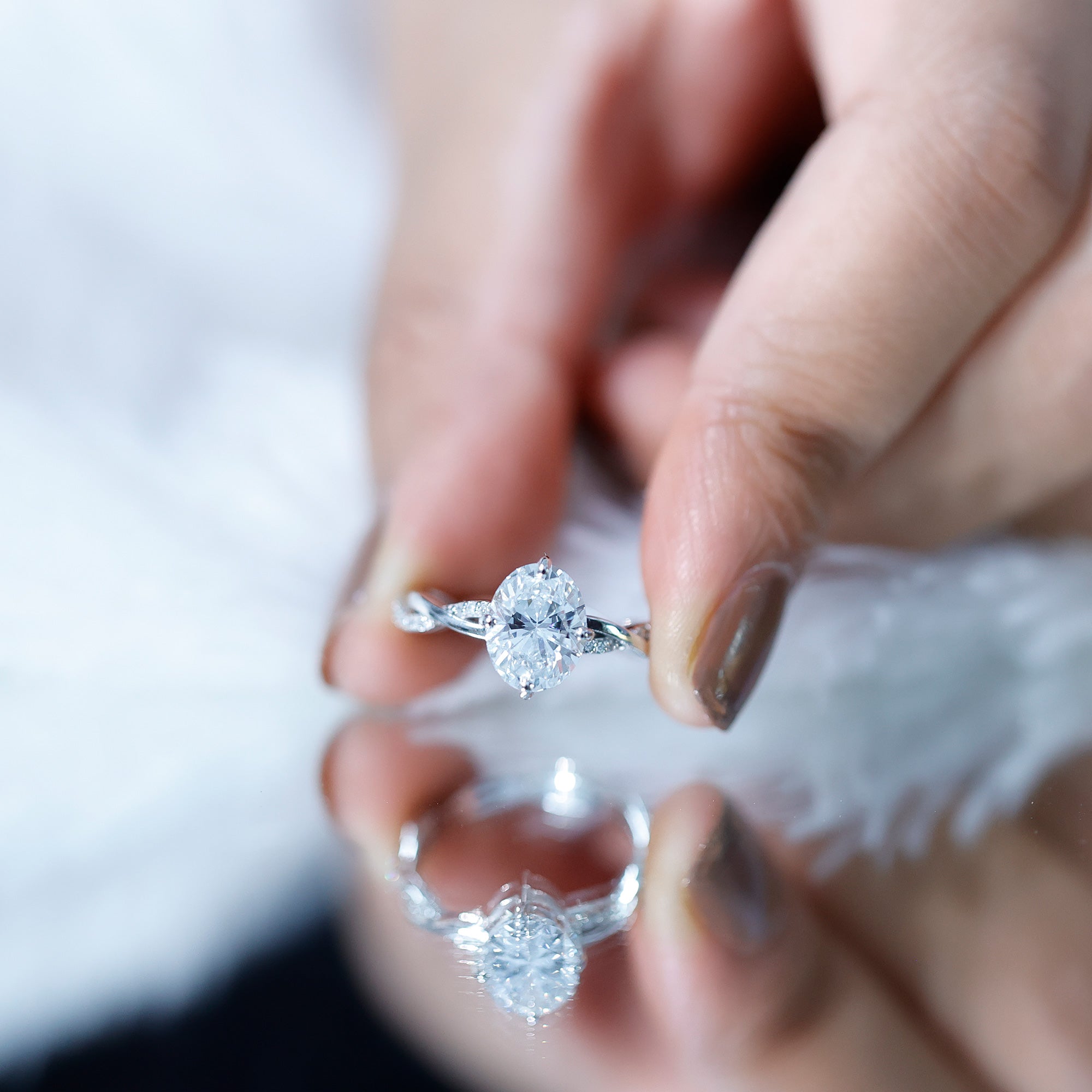Moissanite Oval Engagement Ring With Diagonal Prong Setting D-VS1 - Rosec Jewels