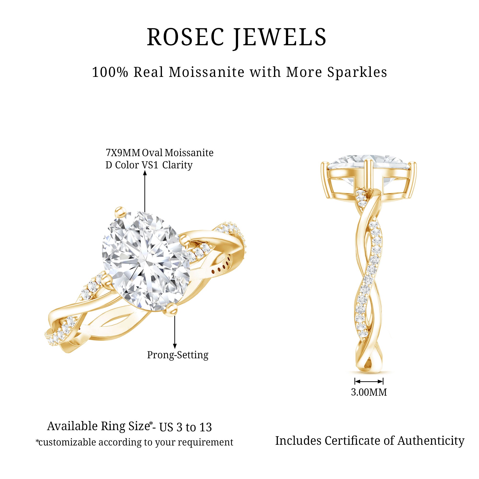 Moissanite Oval Engagement Ring With Diagonal Prong Setting D-VS1 - Rosec Jewels