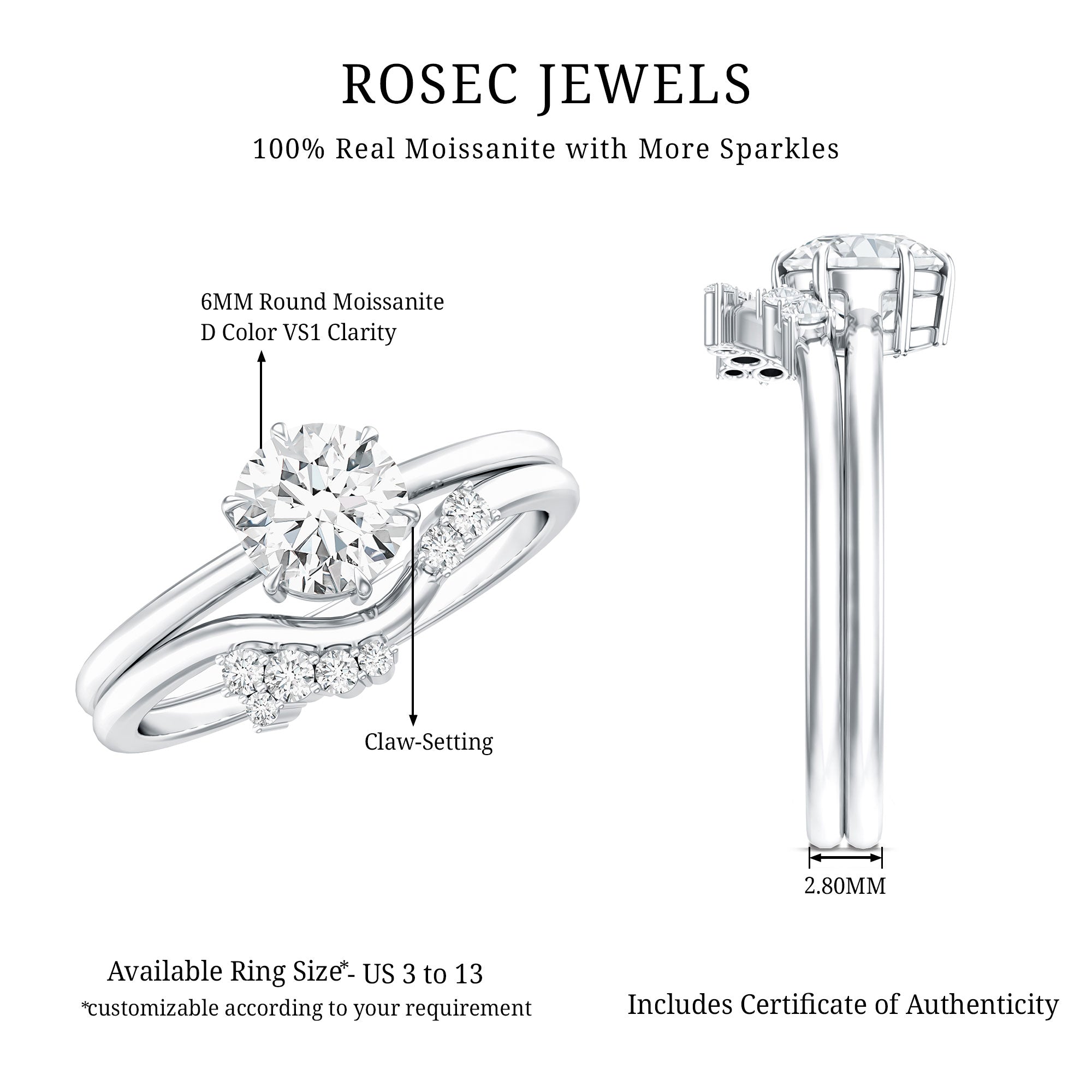 Solitaire Moissanite Wedding Ring Set for Her D-VS1 - Rosec Jewels