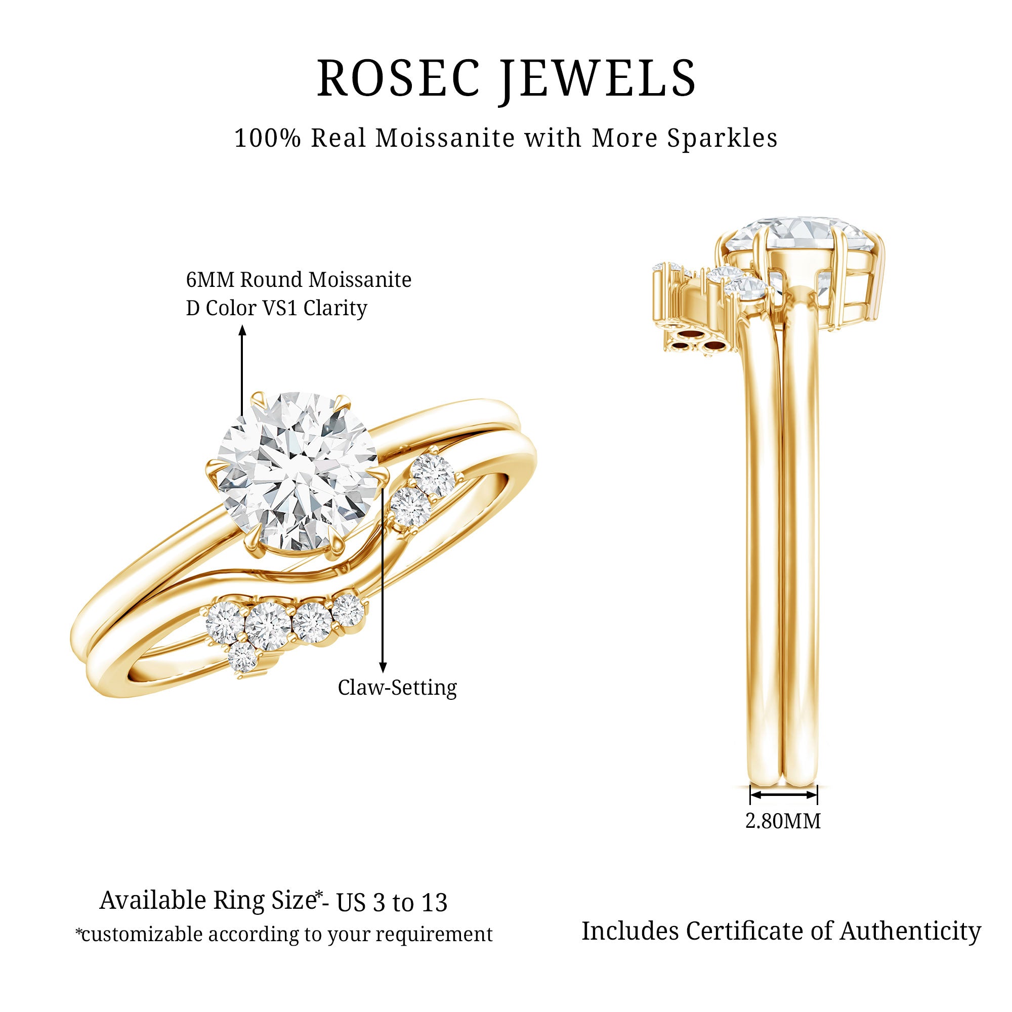 Solitaire Moissanite Wedding Ring Set for Her D-VS1 - Rosec Jewels
