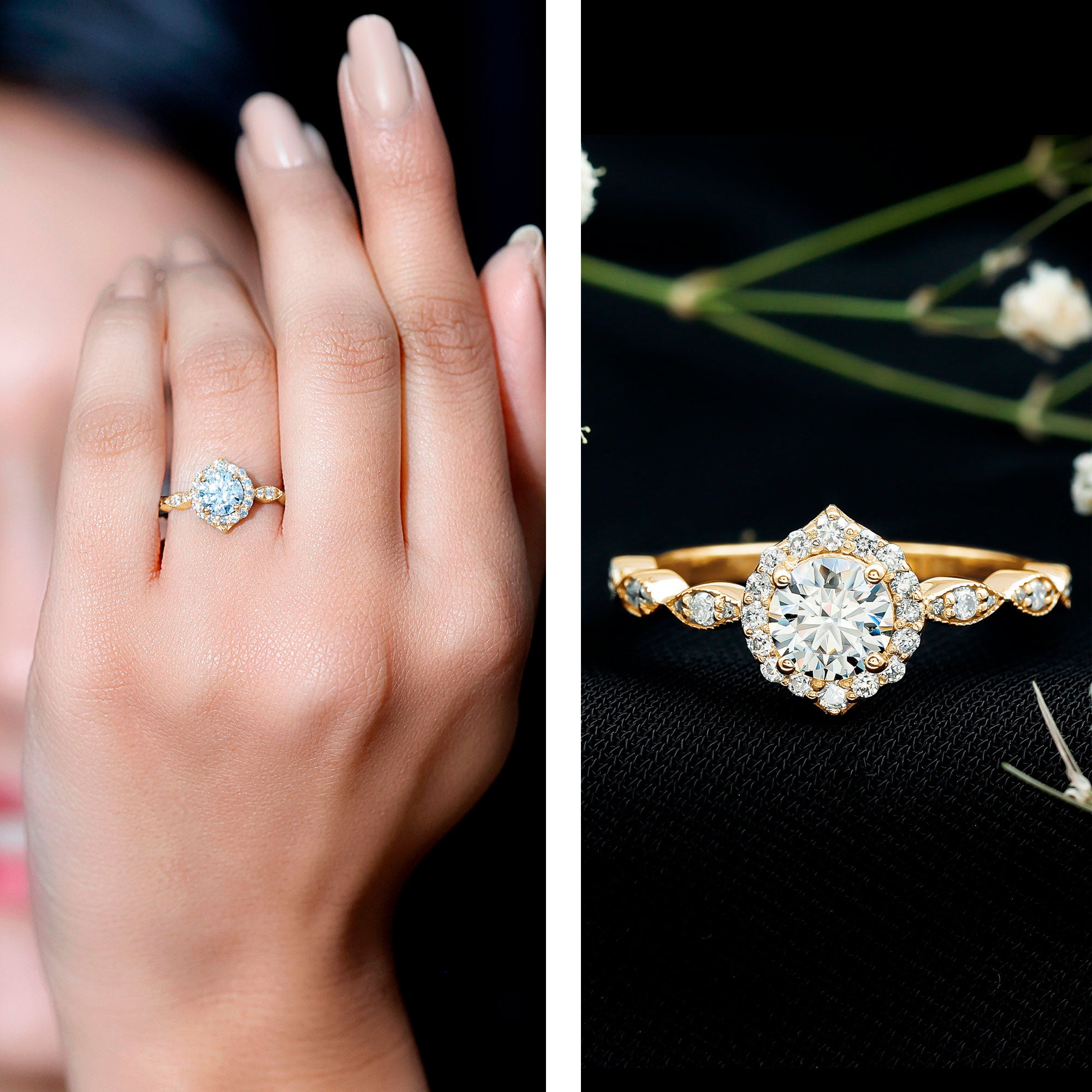 Antique Style Moissanite Halo Engagement Ring D-VS1 - Rosec Jewels