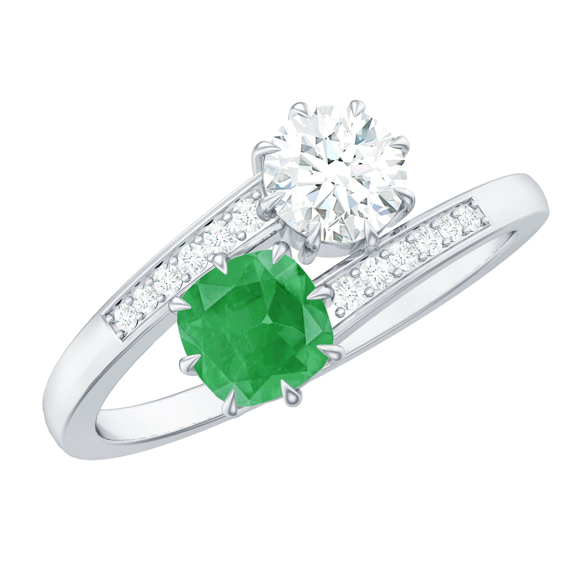 Emerald and Moissanite Two Stone Engagement Ring in Bypass Shank