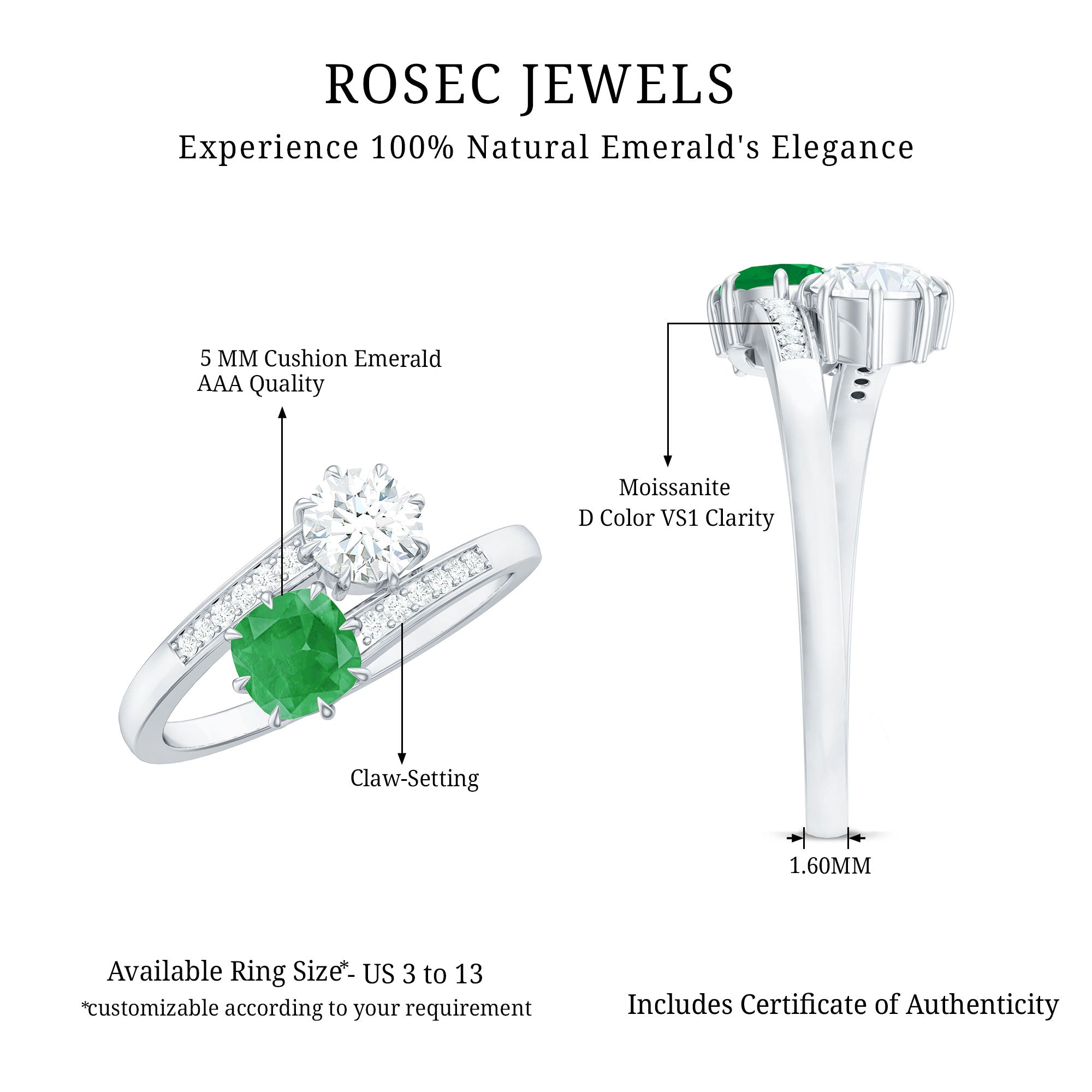 Rosec Jewels-Emerald and Moissanite Two Stone Engagement Ring in Bypass Shank