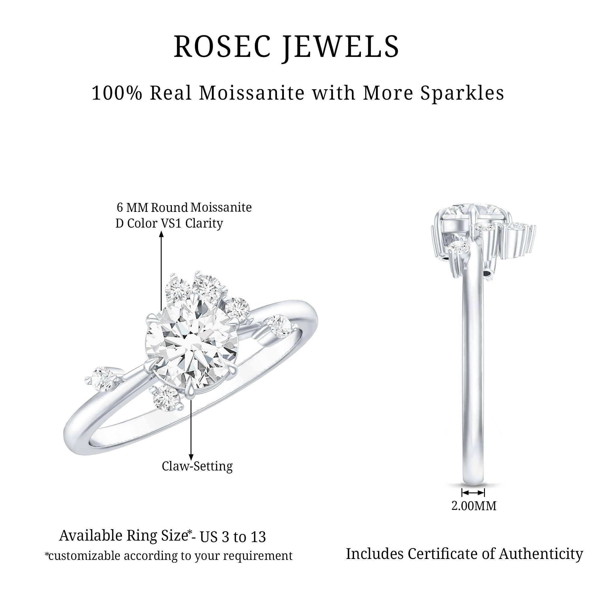 Rosec Jewels-Round Cut Scatter Moissanite Unique Engagement Ring
