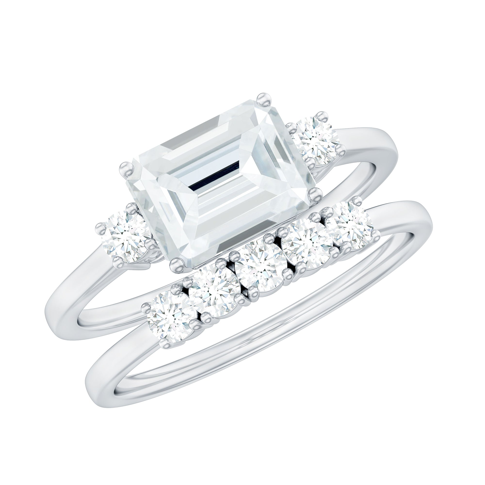 East West Emerald Cut Moissanite Engagement Ring & Wedding Band Set D-VS1 - Rosec Jewels