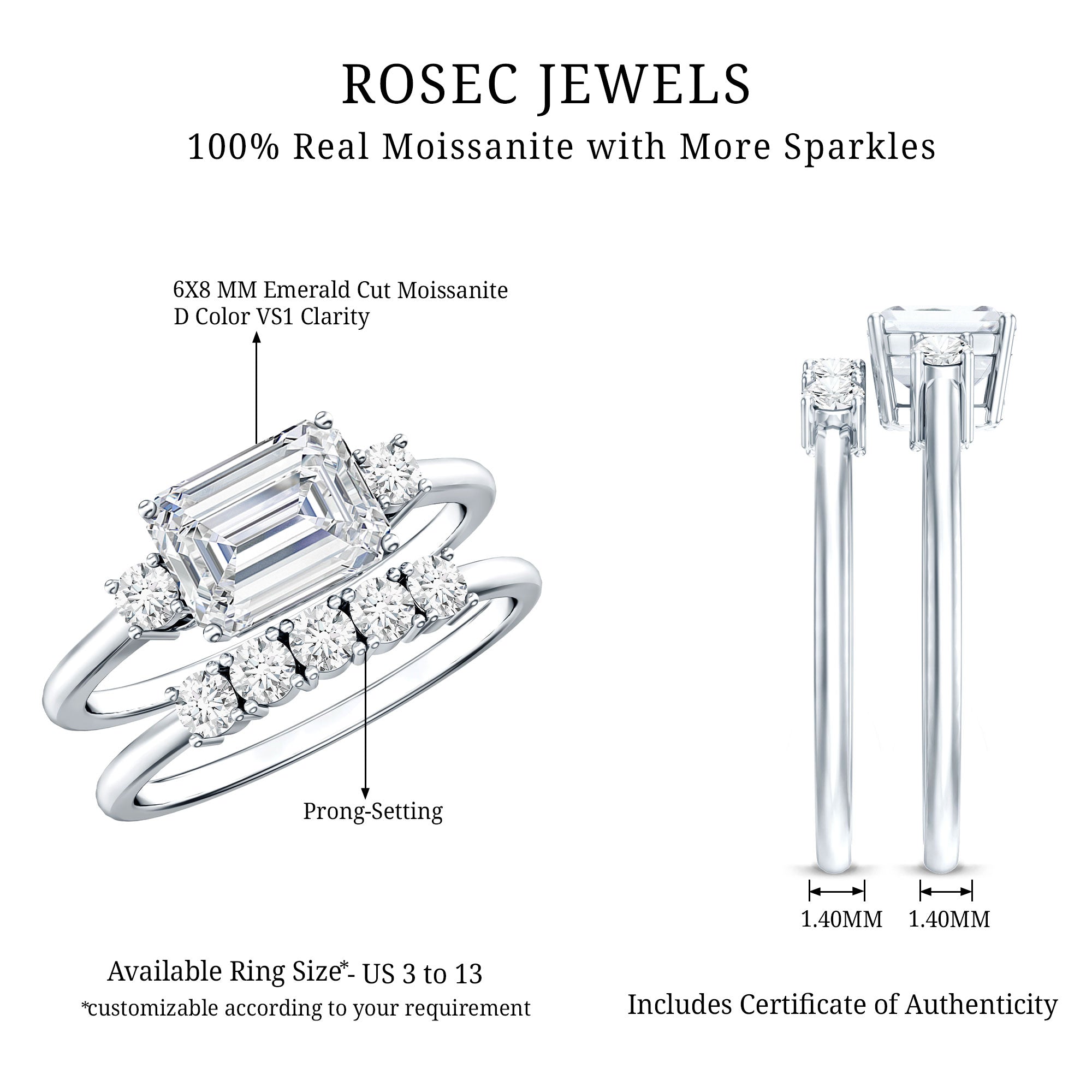 East West Emerald Cut Moissanite Engagement Ring & Wedding Band Set D-VS1 - Rosec Jewels