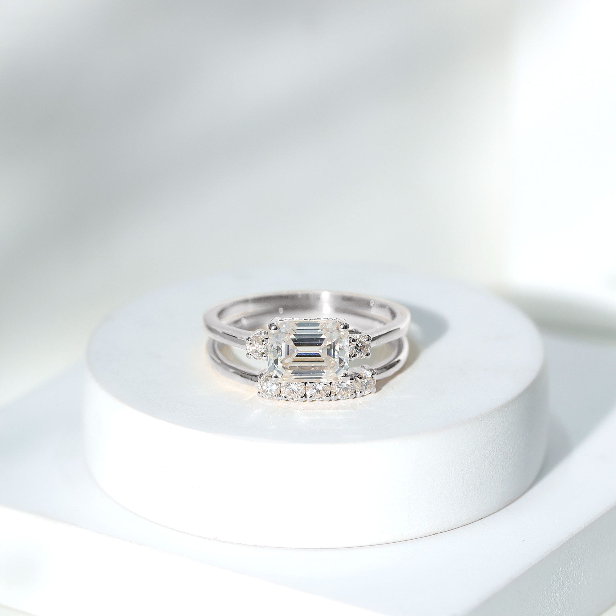 East West Emerald Cut Moissanite Engagement Ring & Wedding Band Set D-VS1 - Rosec Jewels