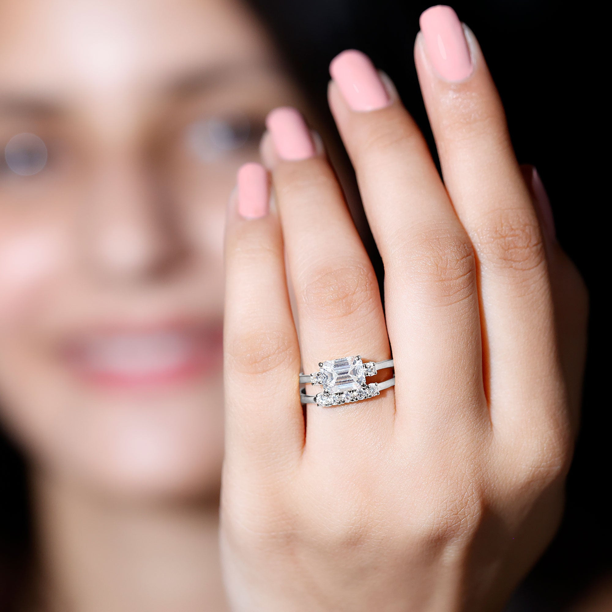 East West Emerald Cut Moissanite Engagement Ring & Wedding Band Set D-VS1 - Rosec Jewels