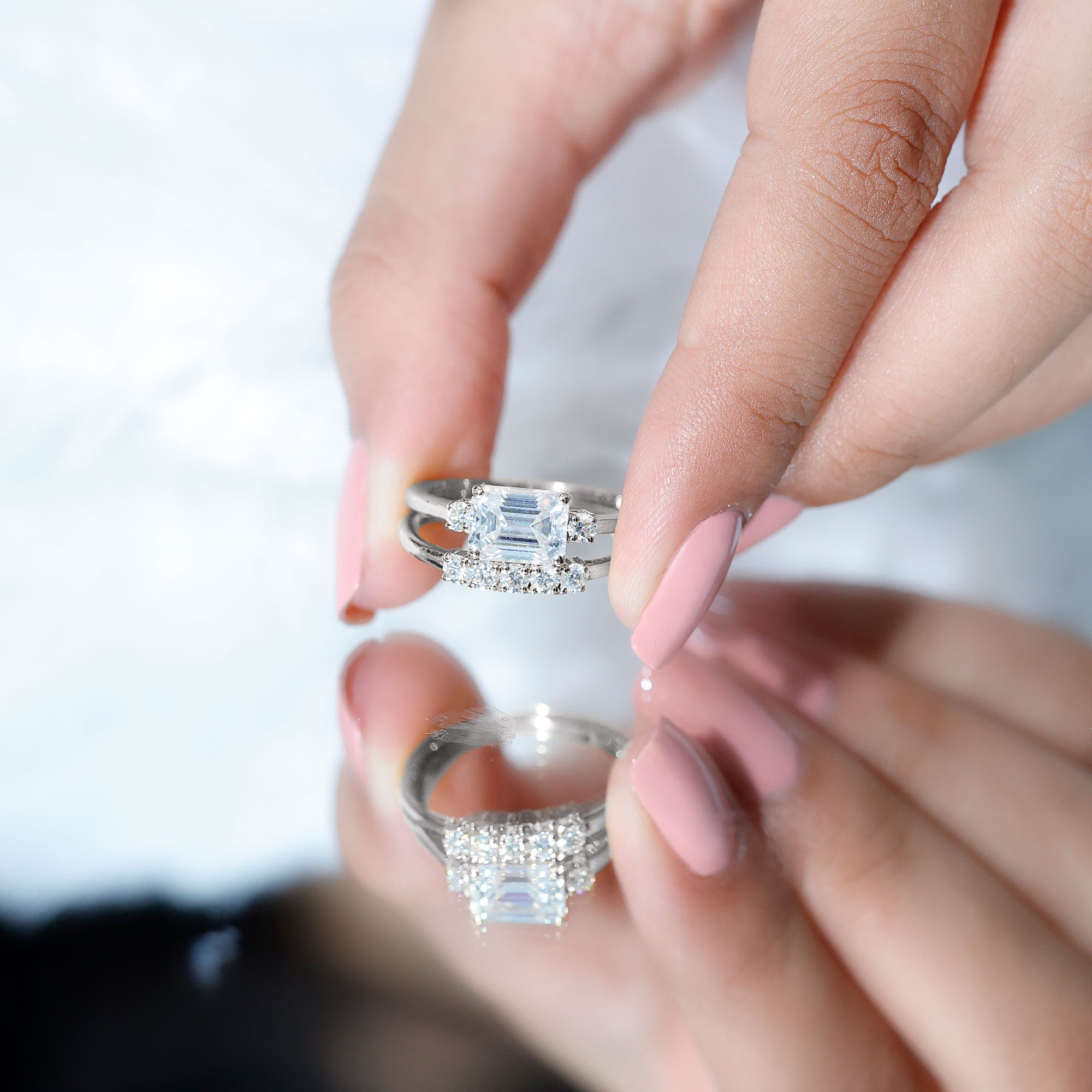 East West Emerald Cut Moissanite Engagement Ring & Wedding Band Set D-VS1 - Rosec Jewels