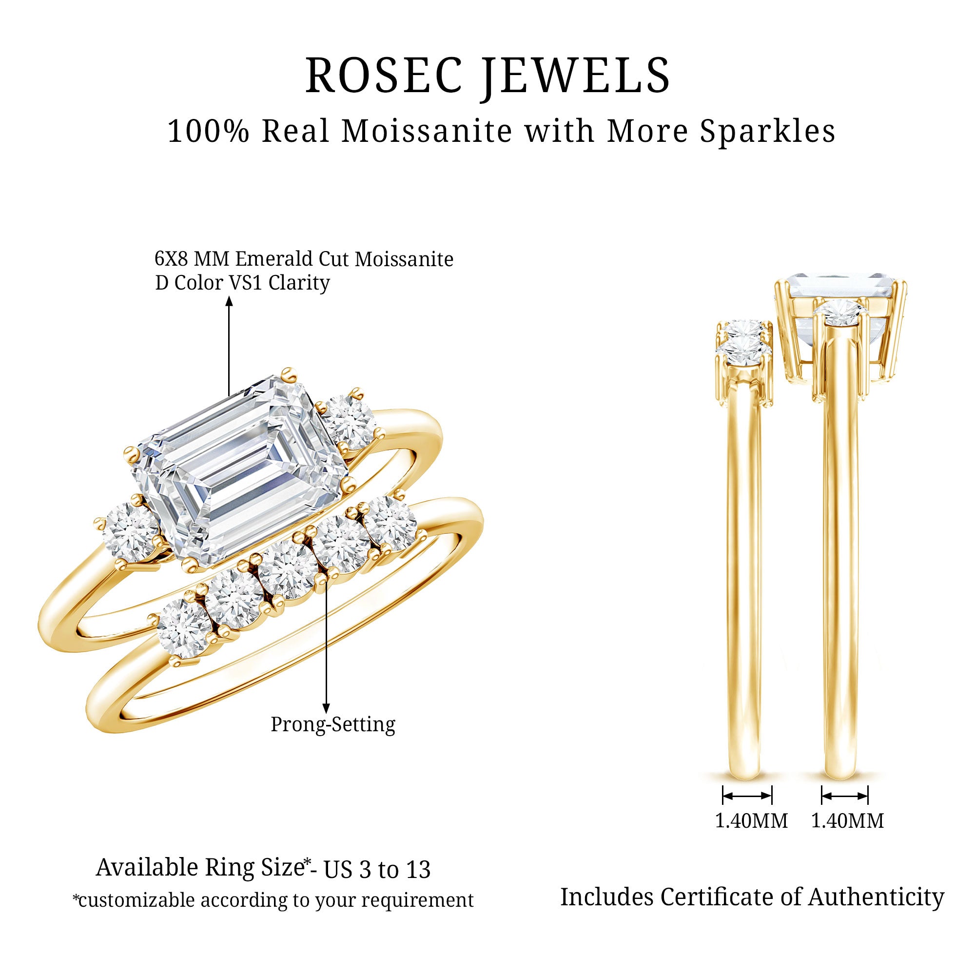 East West Emerald Cut Moissanite Engagement Ring & Wedding Band Set D-VS1 - Rosec Jewels