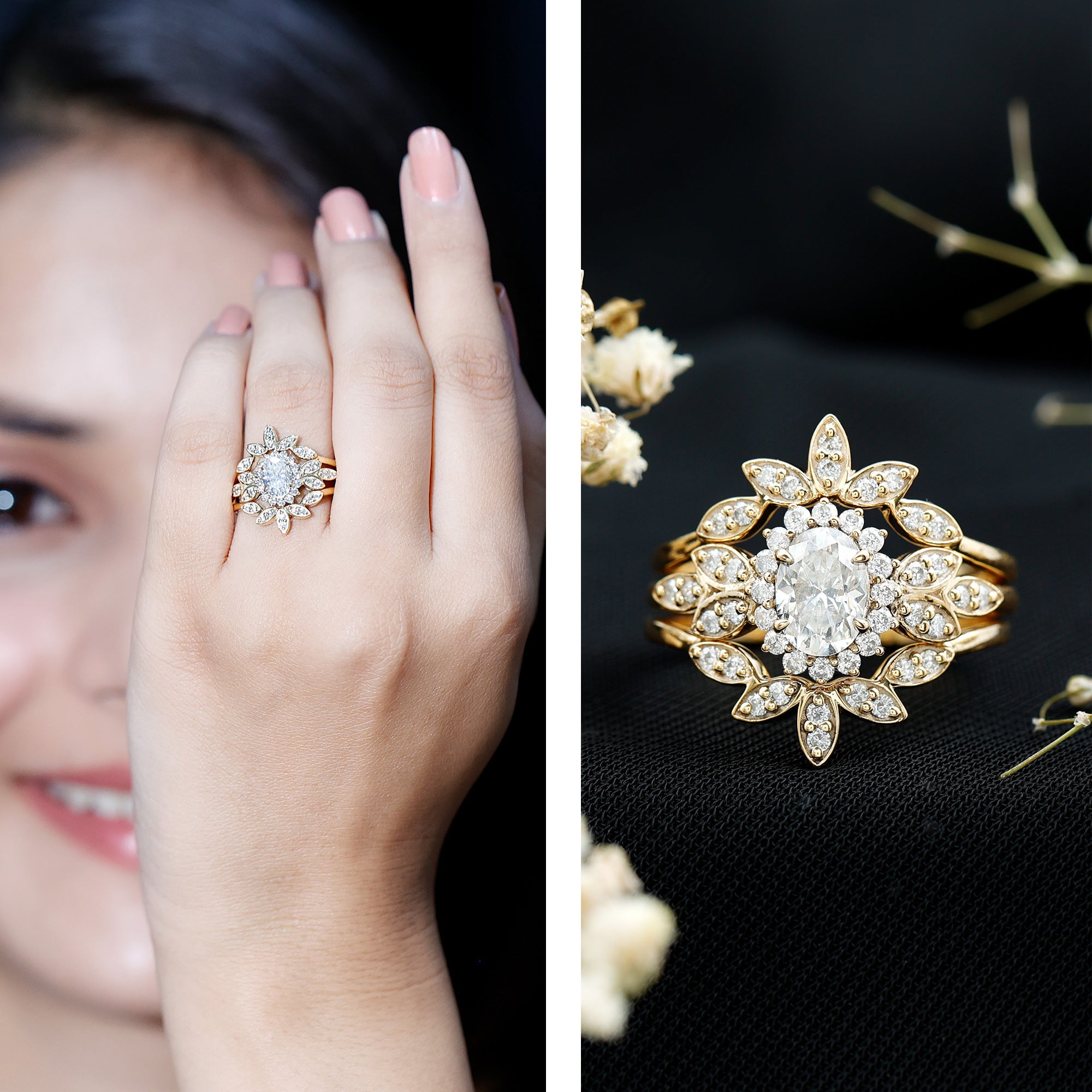 Rosec Jewels-Vintage Inspired Moissanite Wedding Ring Set of 3