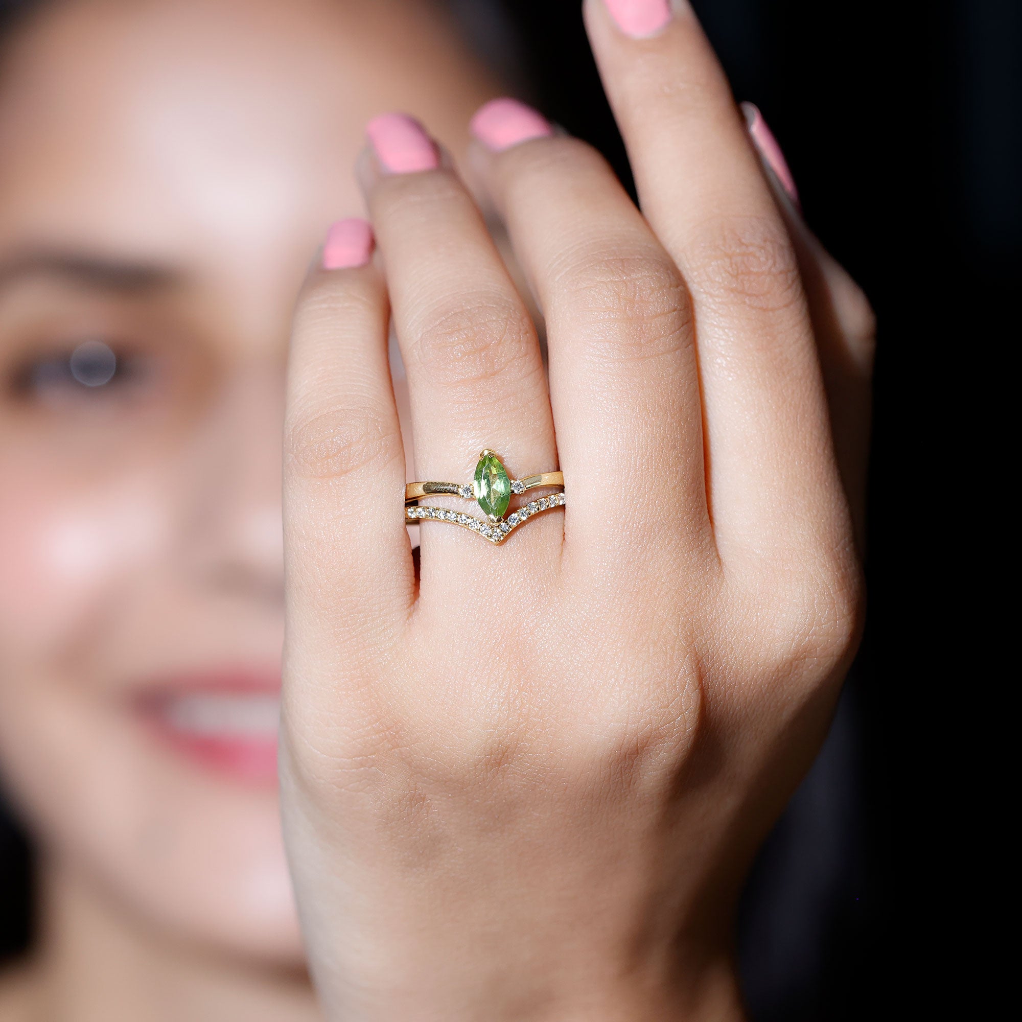 Marquise Cut Peridot Solitaire Wedding Ring Set with Diamond AAA - Rosec Jewels