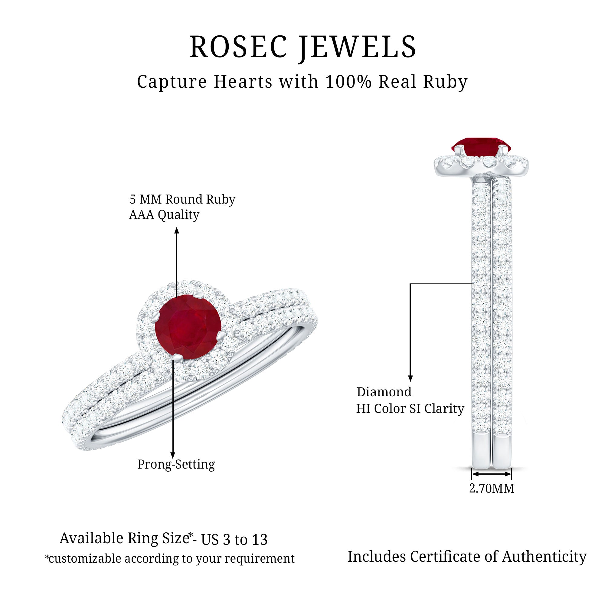 Natural Ruby Wedding Engagement Ring Set with Diamond AAA - Rosec Jewels