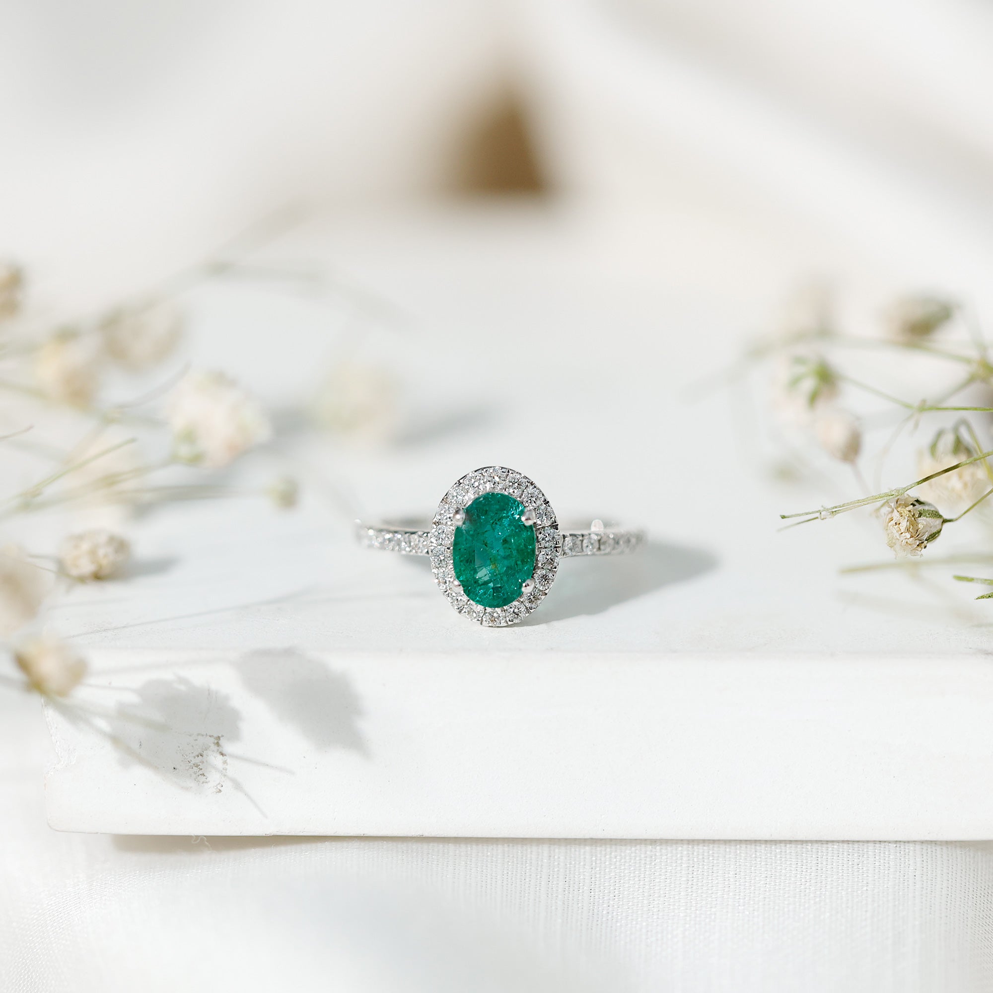Real 0.7 Carat Oval Emerald Engagement Ring with Diamond Halo AAA - Rosec Jewels