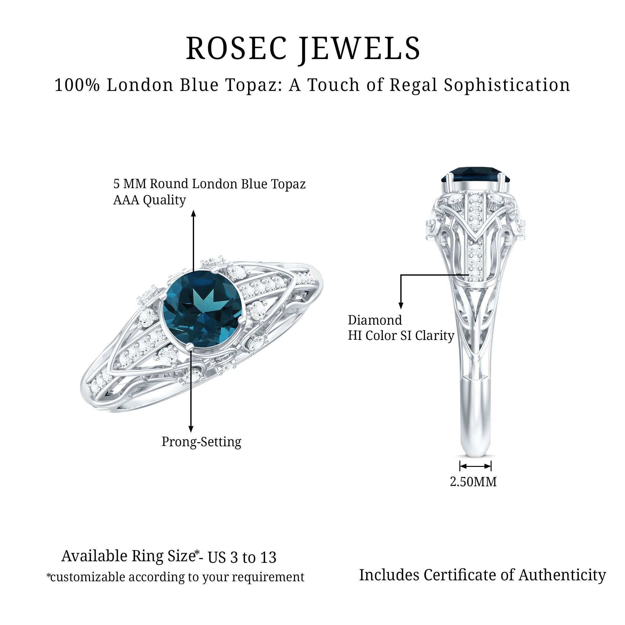 Vintage Looking London Blue Topaz and Diamond Engagement Ring With Certificate AAA - Rosec Jewels