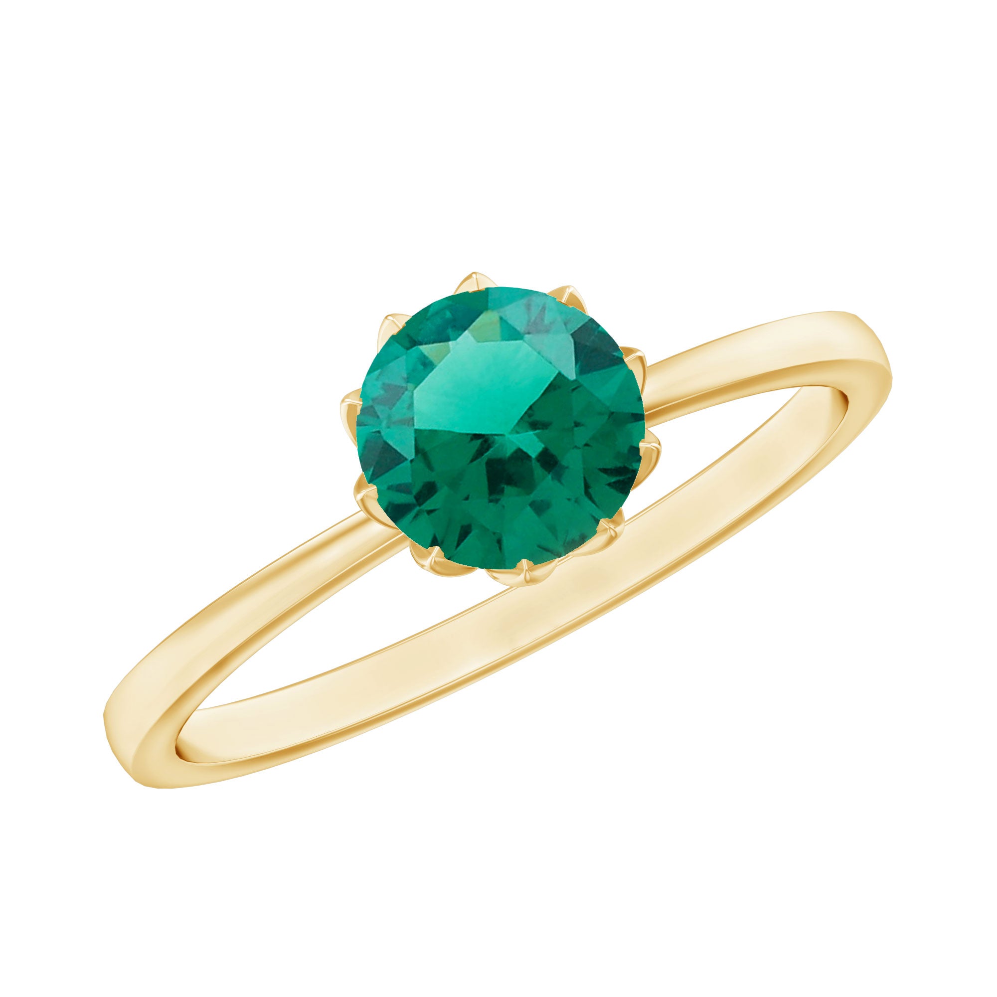 0.8 Carat Round Lab Grown Emerald Solitaire Ring in Lotus Basket Setting AAAA - Rosec Jewels