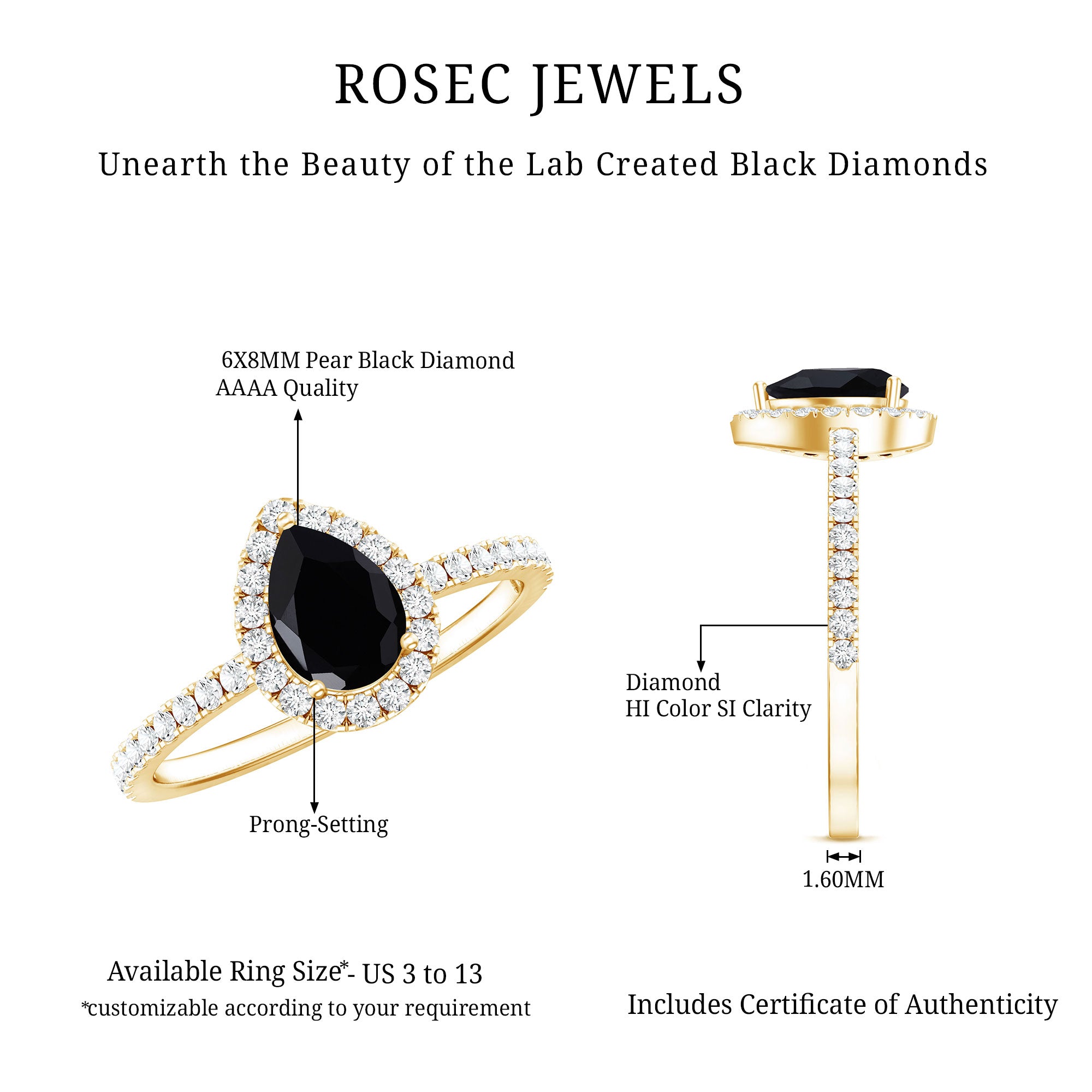 Certified 0.85 Carat Pear Shape Lab Grown Black and White Diamond Halo Engagement Ring AAAA ( Synthetic ) - Rosec Jewels