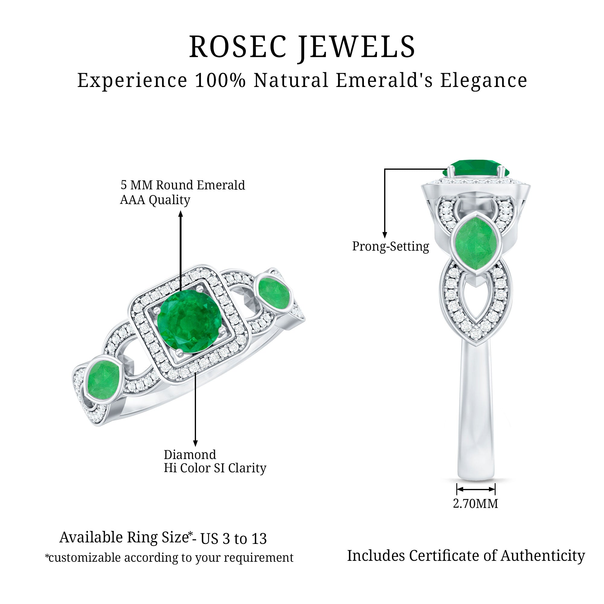 Rosec Jewels-Natural Emerald Diamond Vintage Looking Engagement Ring