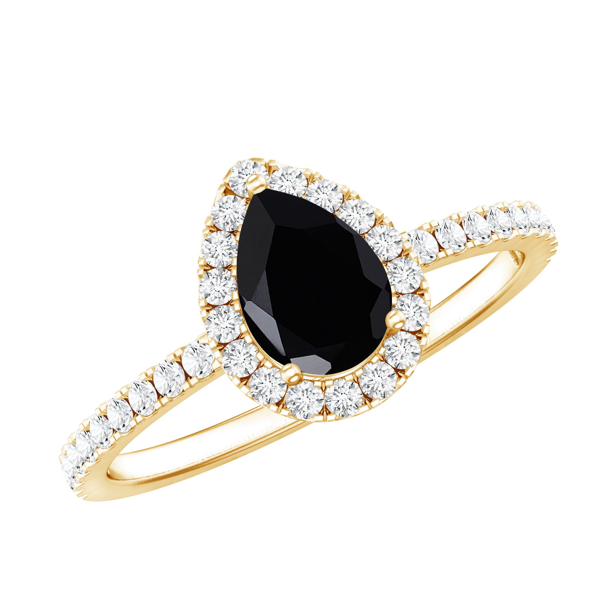 6X8MM Pear Shaped Black Onyx Engagement Ring with Real Diamond Halo AAA - Rosec Jewels