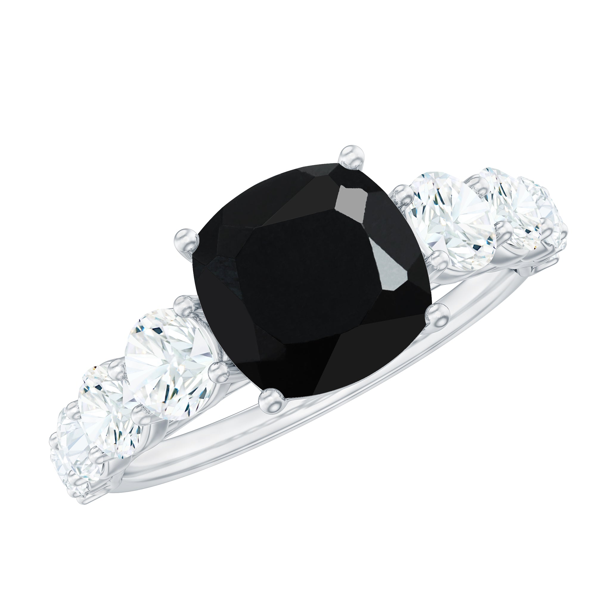 Created Black Diamond Solitaire Engagement Ring with Moissanite Side Stones