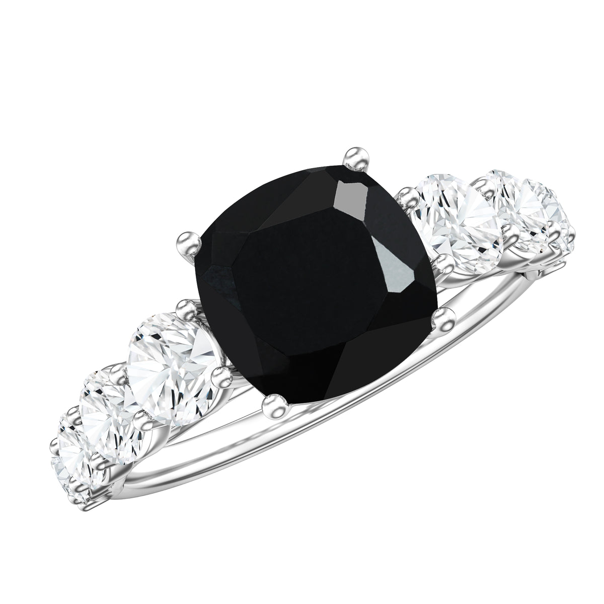 Certified 2.8 Carat Lab Grown Black Diamond Cushion Cut Engagement Ring with Side Stones AAAA ( Synthetic ) - Rosec Jewels