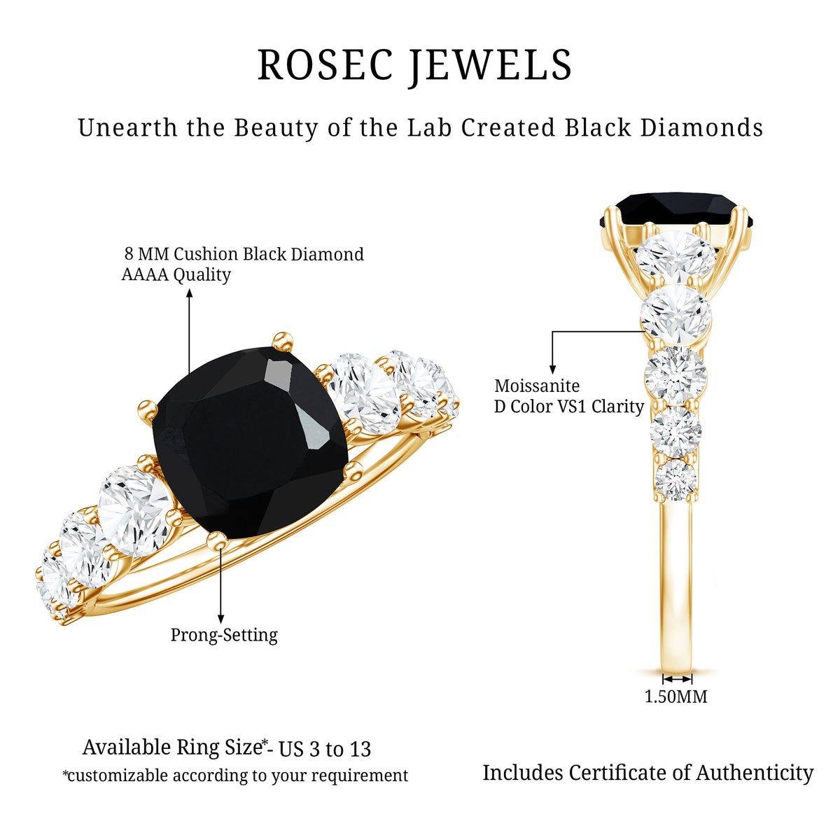 Certified 2.8 Carat Lab Grown Black Diamond Cushion Cut Engagement Ring with Side Stones AAAA ( Synthetic ) - Rosec Jewels
