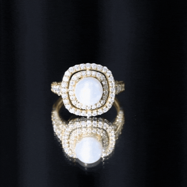 Cultured 3 Carat Freshwater Pearl Double Halo Engagement Ring with Moissanite AAA - Rosec Jewels