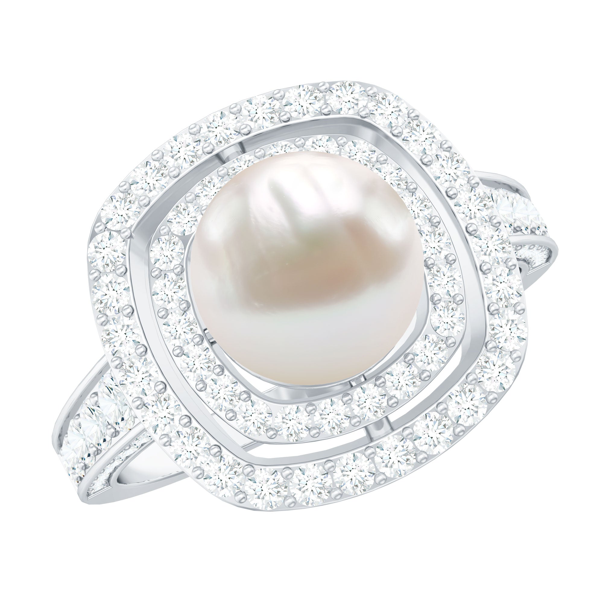 Round Freshwater Pearl and Moissanite Double Halo Engagement Ring