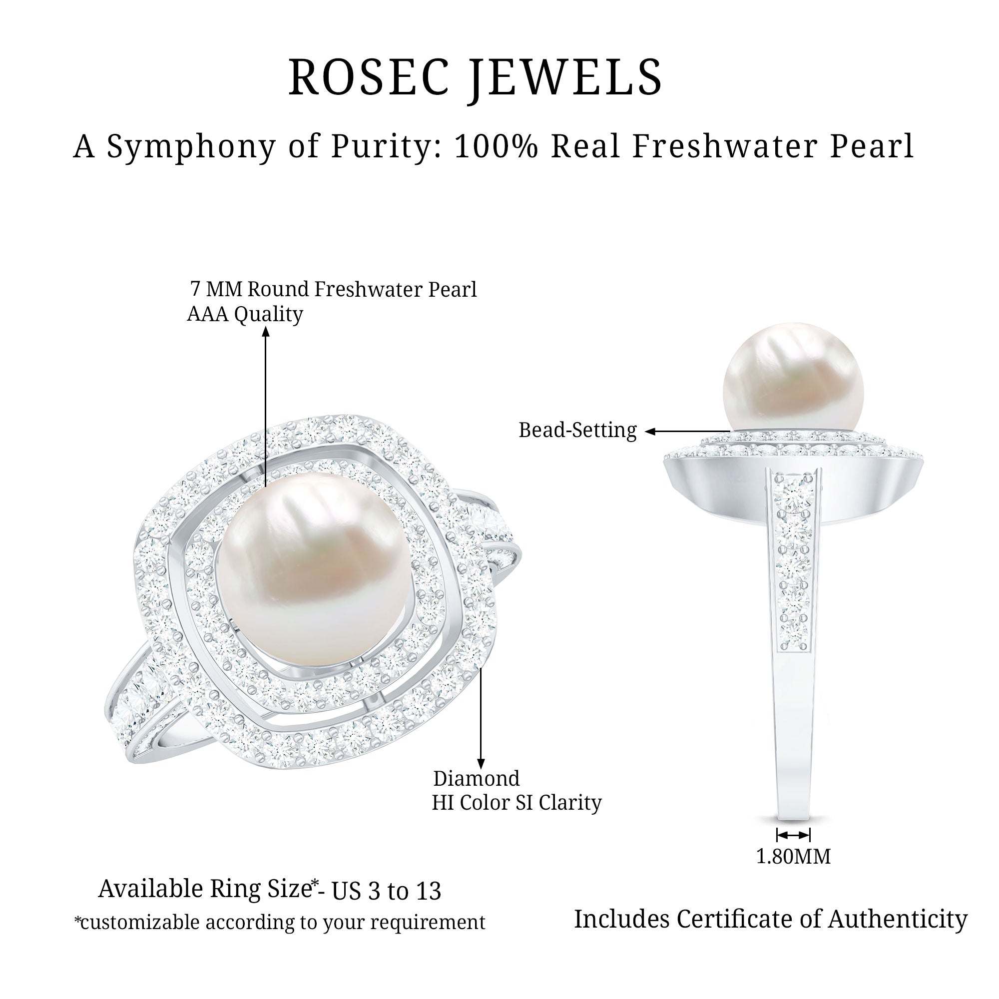 Cultured 3 Carat Freshwater Pearl Double Halo Engagement Ring with Moissanite AAA - Rosec Jewels