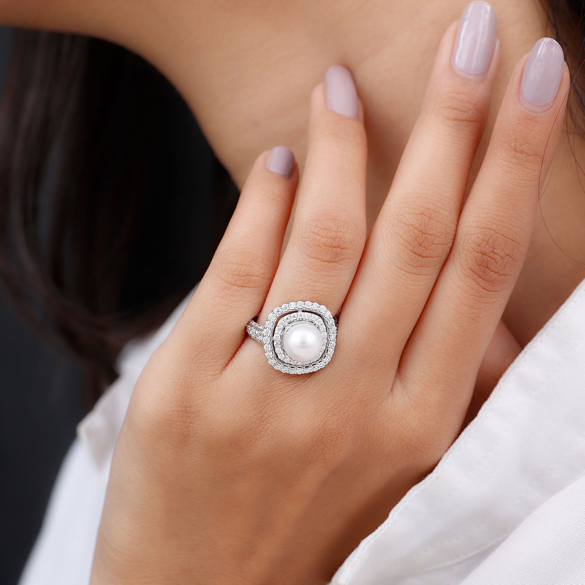 Cultured 3 Carat Freshwater Pearl Double Halo Engagement Ring with Moissanite AAA - Rosec Jewels