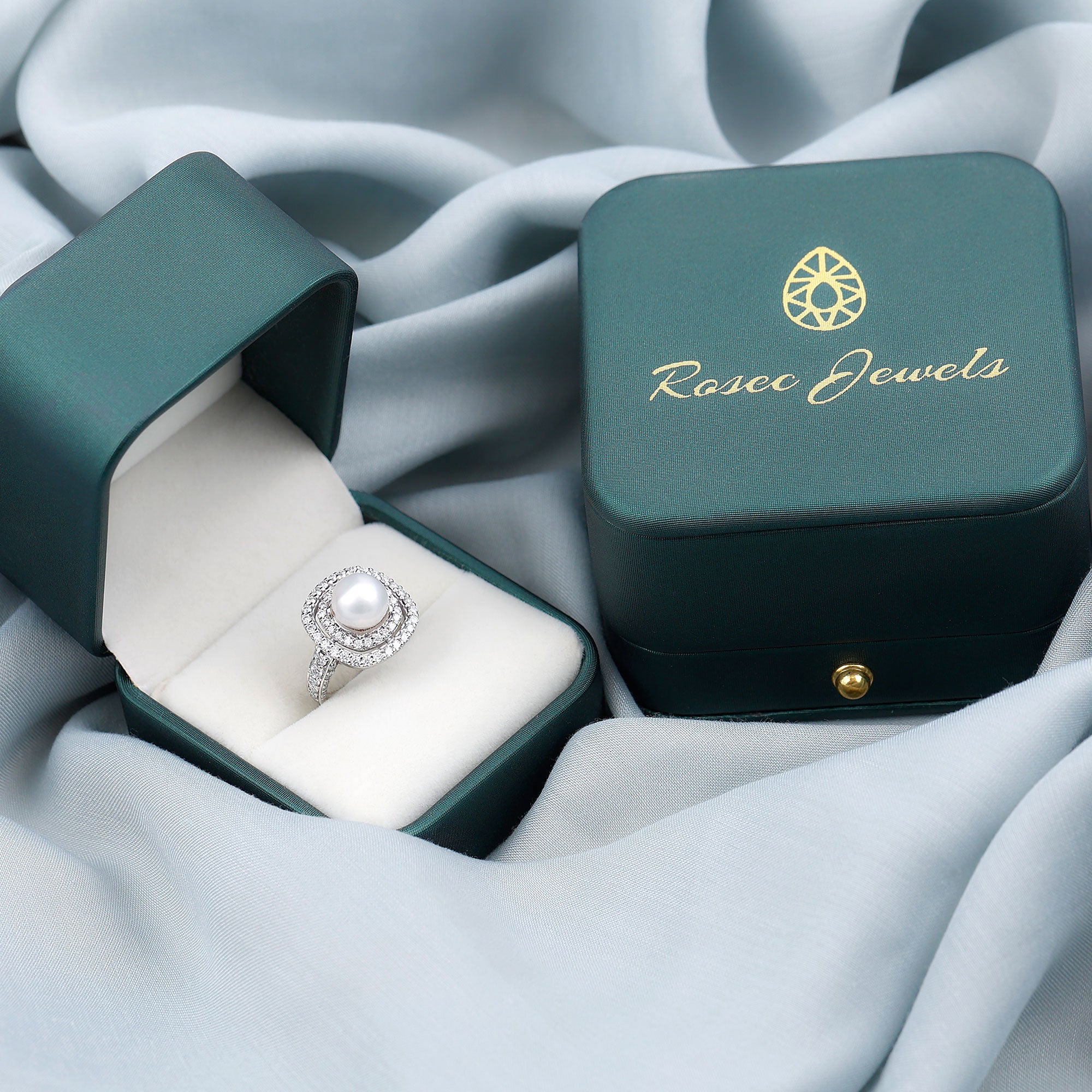 Cultured 3 Carat Freshwater Pearl Double Halo Engagement Ring with Moissanite AAA - Rosec Jewels