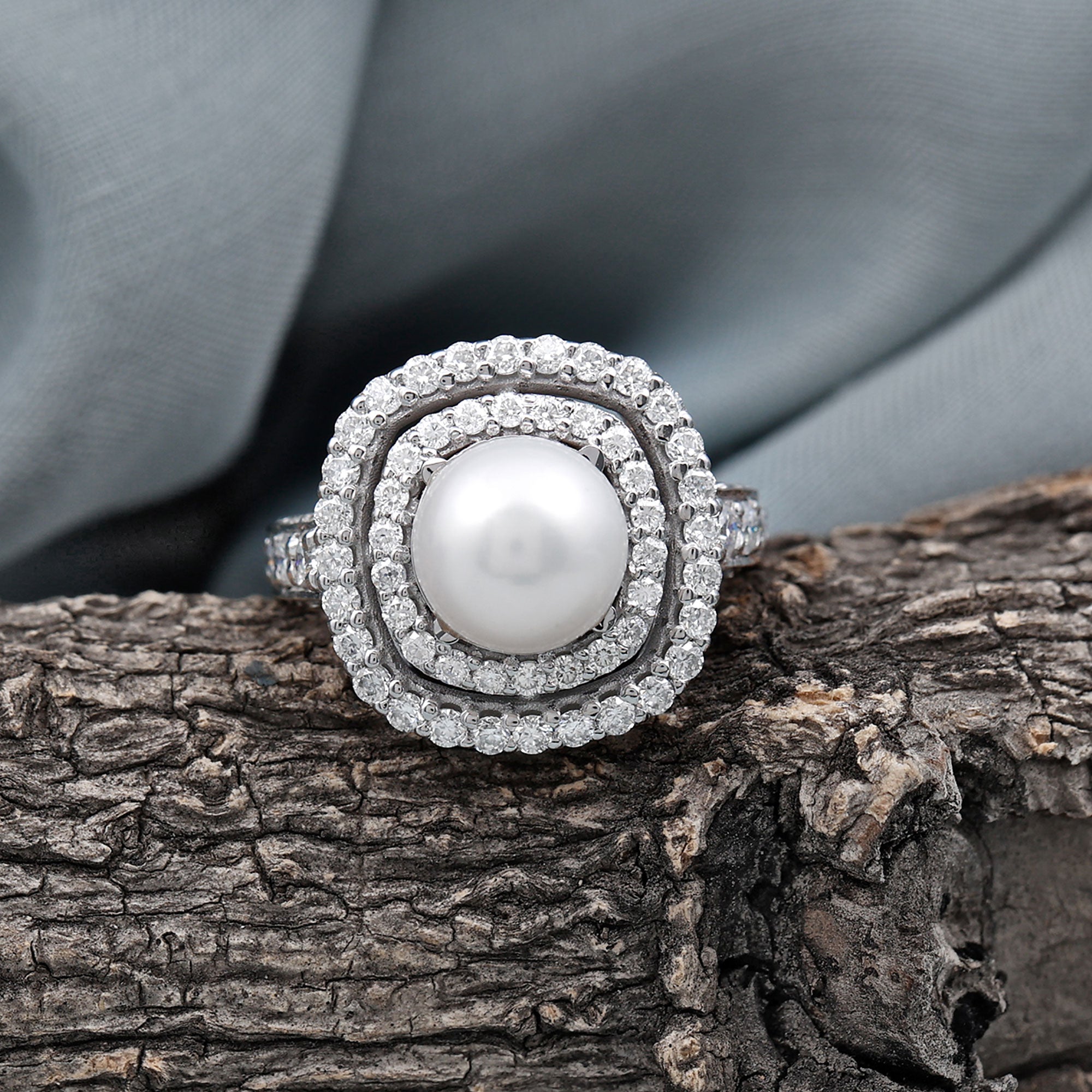 Cultured 3 Carat Freshwater Pearl Double Halo Engagement Ring with Moissanite AAA - Rosec Jewels