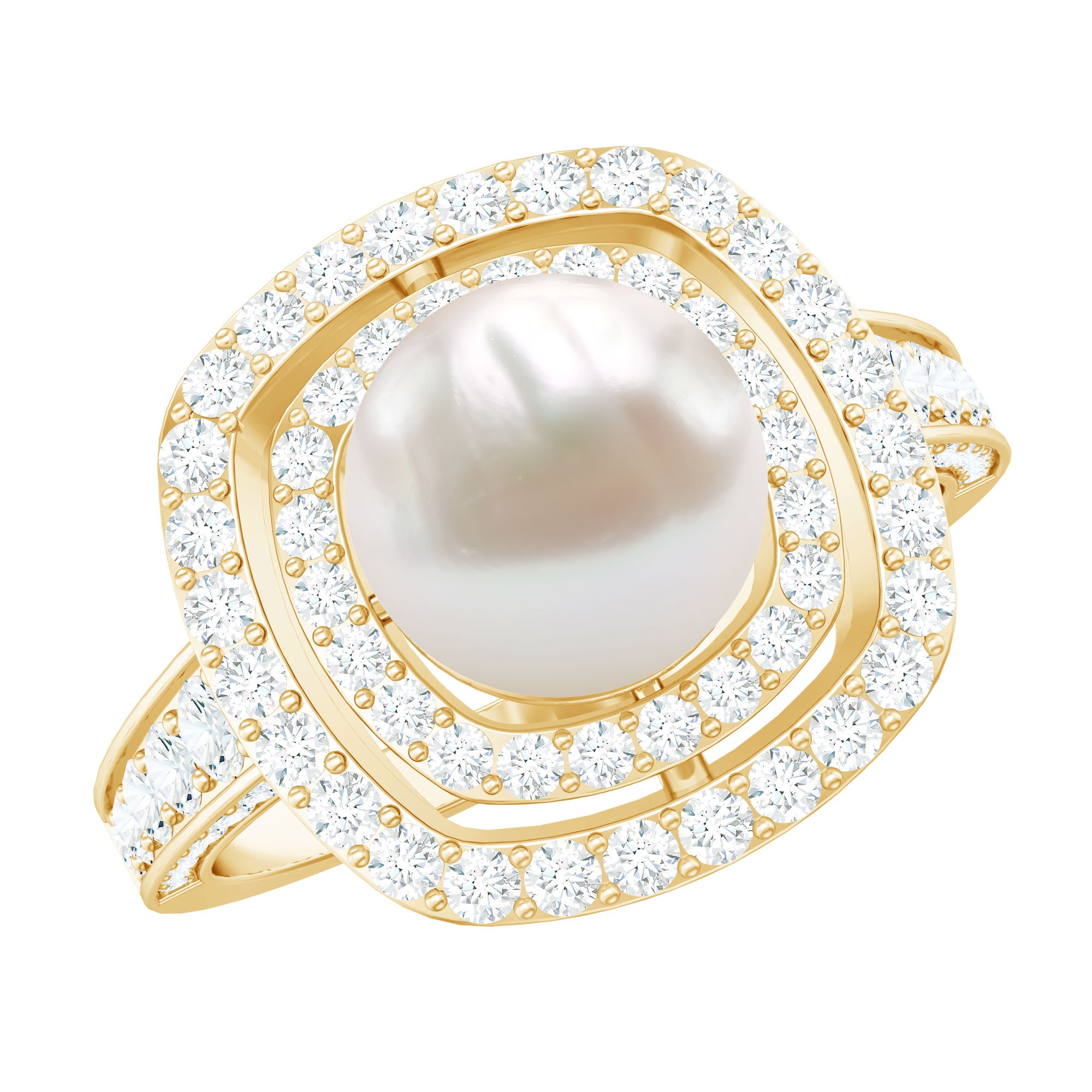 Cultured 3 Carat Freshwater Pearl Double Halo Engagement Ring with Moissanite AAA - Rosec Jewels