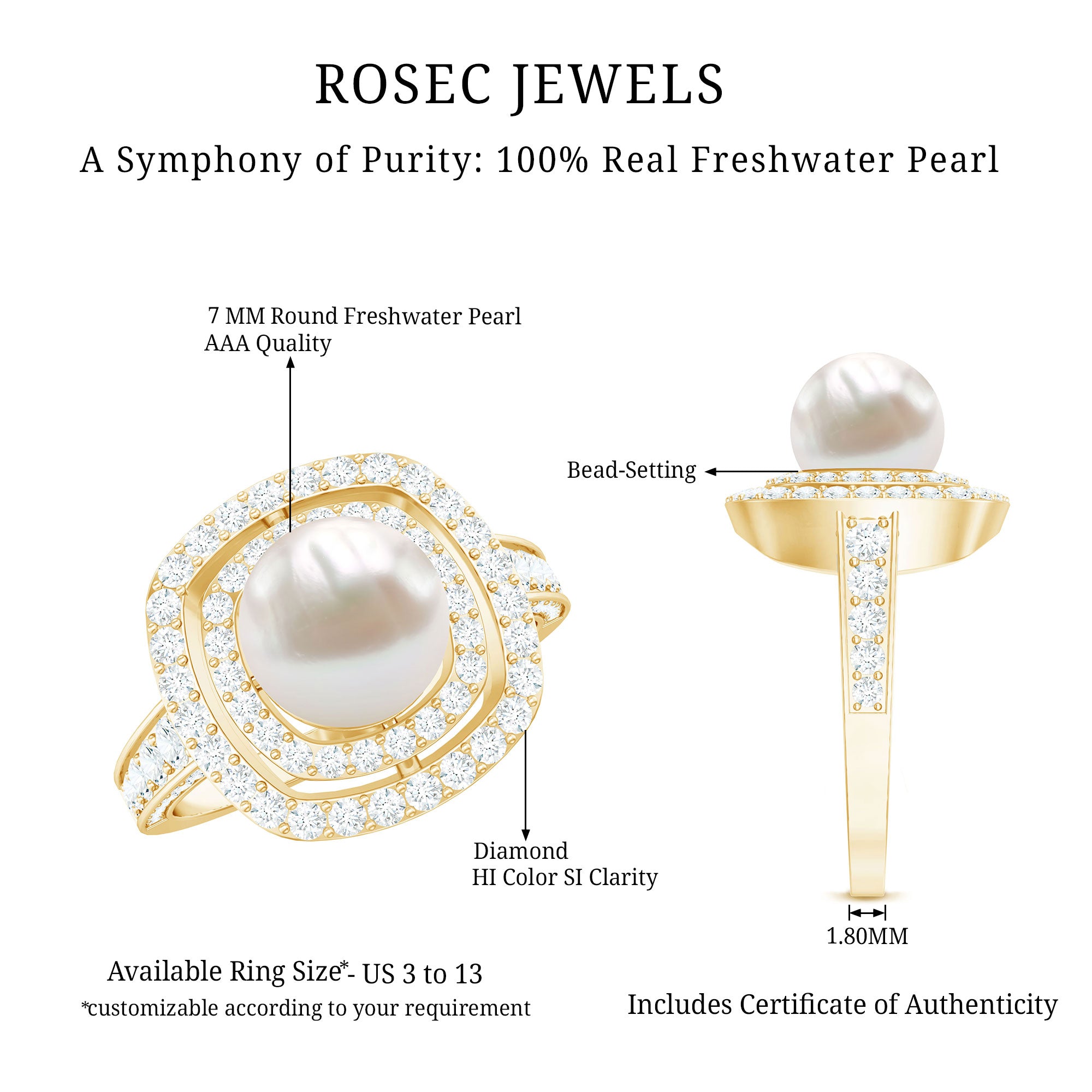 Cultured 3 Carat Freshwater Pearl Double Halo Engagement Ring with Moissanite AAA - Rosec Jewels
