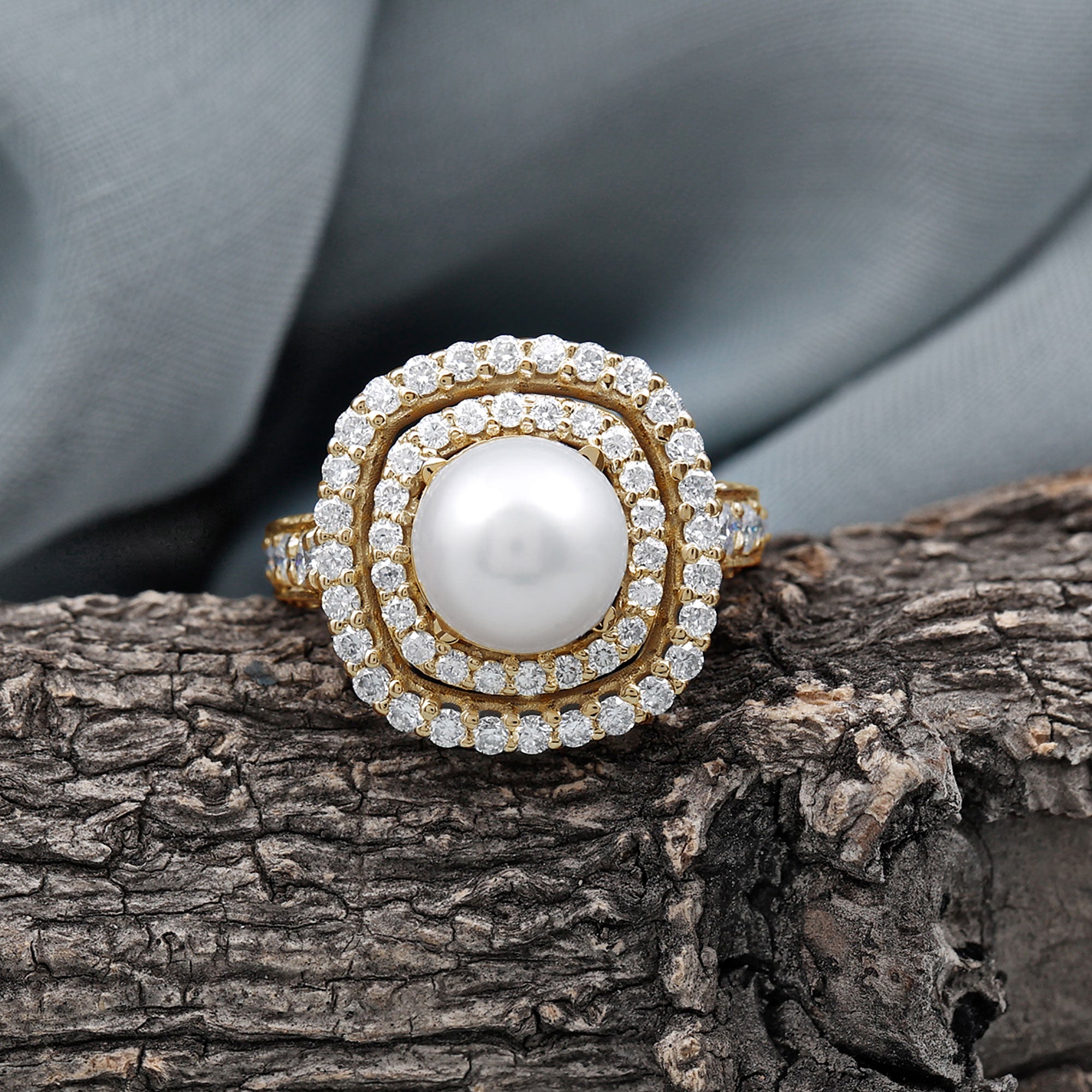 Cultured 3 Carat Freshwater Pearl Double Halo Engagement Ring with Moissanite AAA - Rosec Jewels
