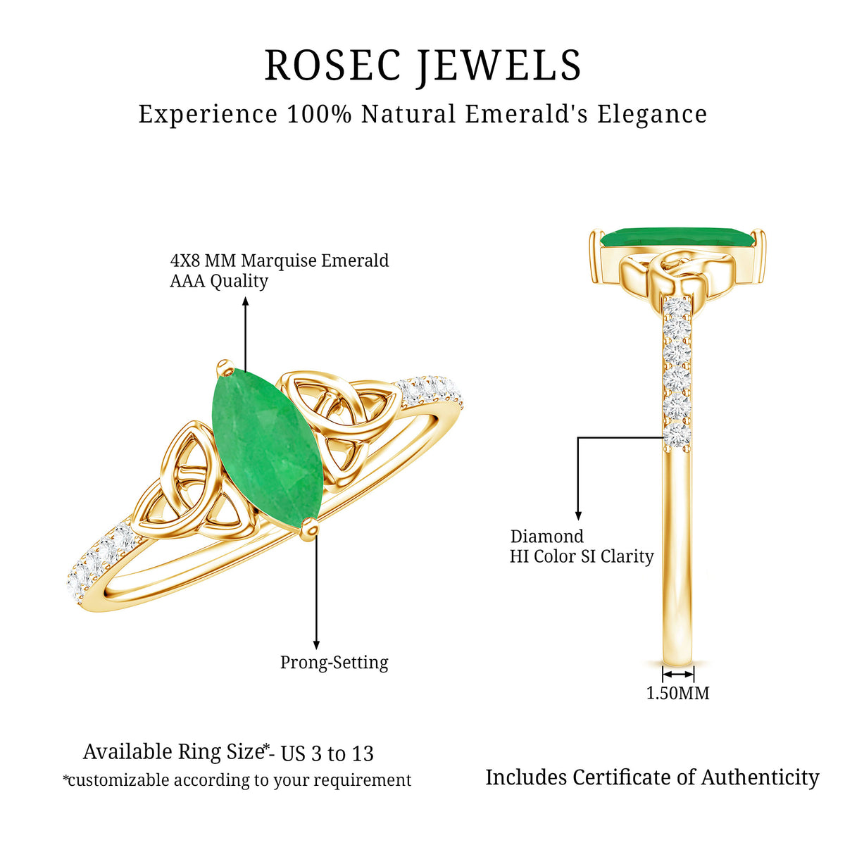 Natural Marquise Emerald Diamond Promise Ring with Celtic Knot AAA - Rosec Jewels