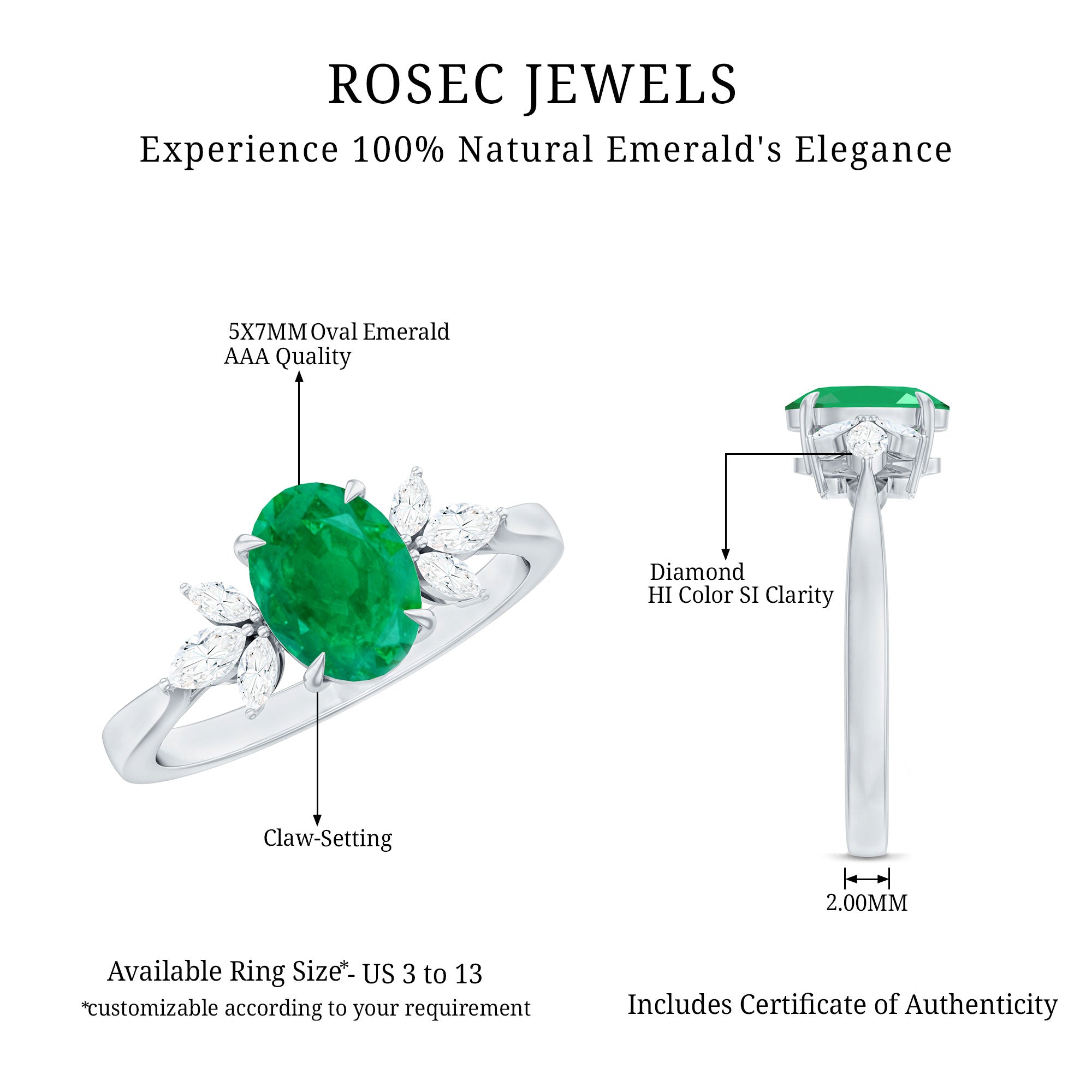 Oval Shaped Emerald Engagement Ring with Marquise Diamond Trio AAA - Rosec Jewels