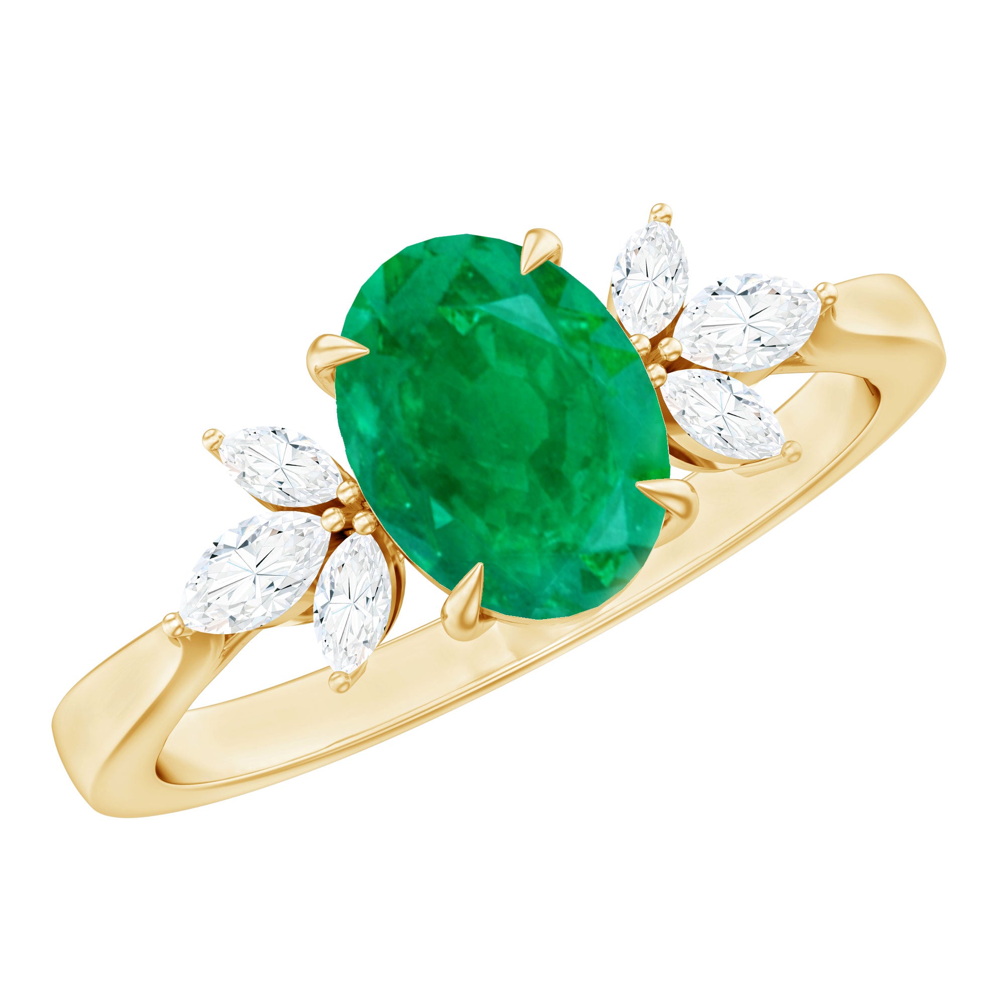 Oval Shaped Emerald Engagement Ring with Marquise Diamond Trio AAA - Rosec Jewels