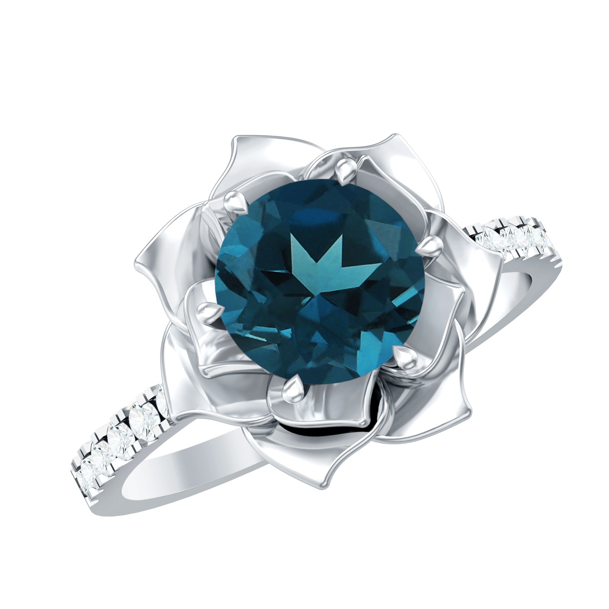 Rose Flower Engagement Ring with London Blue Topaz and Diamond