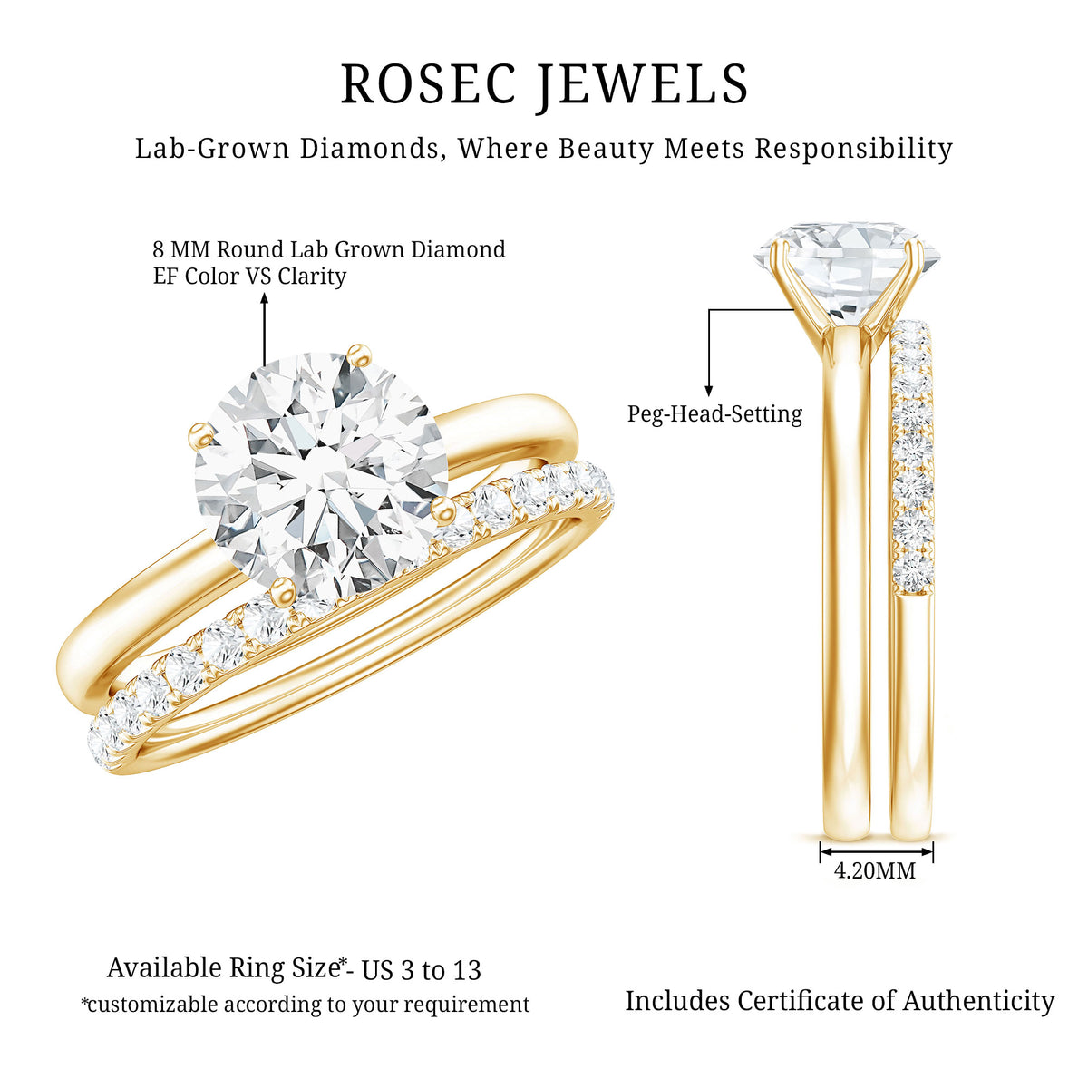 Rosec Jewels-IGI Graded 2 Carat Lab Grown Diamond Solitaire Wedding Ring Set