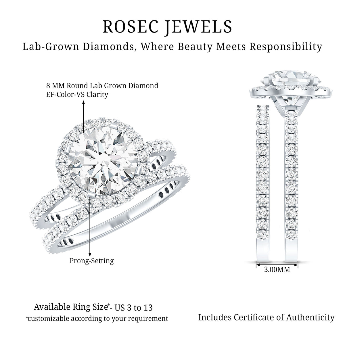 Rosec Jewels-Lab Grown 2 Carat Diamond Halo Bridal Ring Set with IGI Certificate