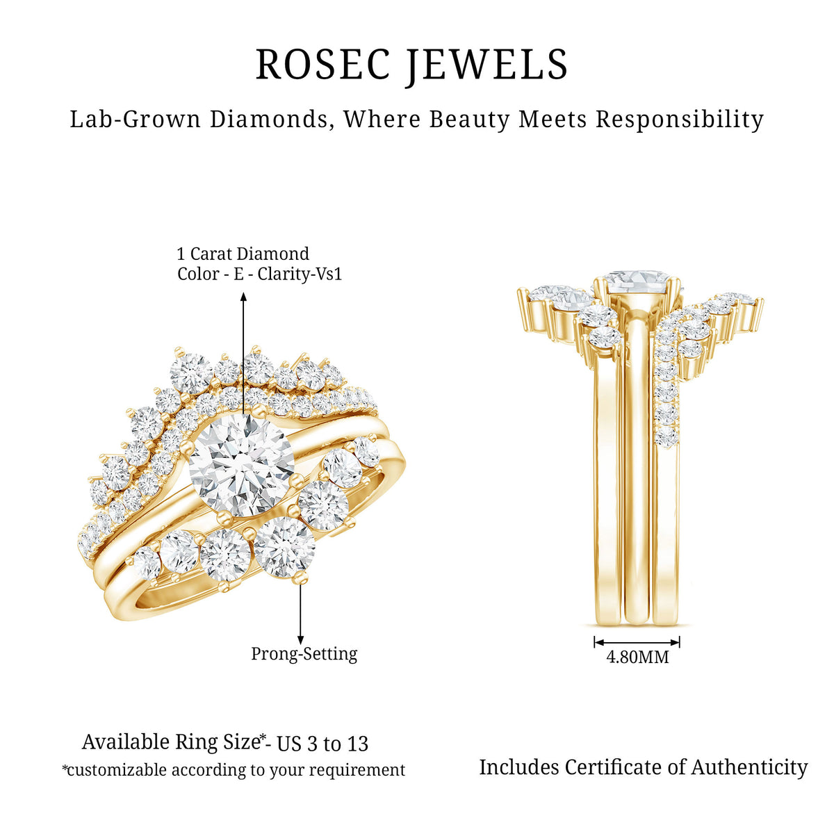 IGI Authenticated 1 Carat Lab Diamond Antique Wedding Ring Set of 3 Lab - ( E-VS1 ) - Rosec Jewels
